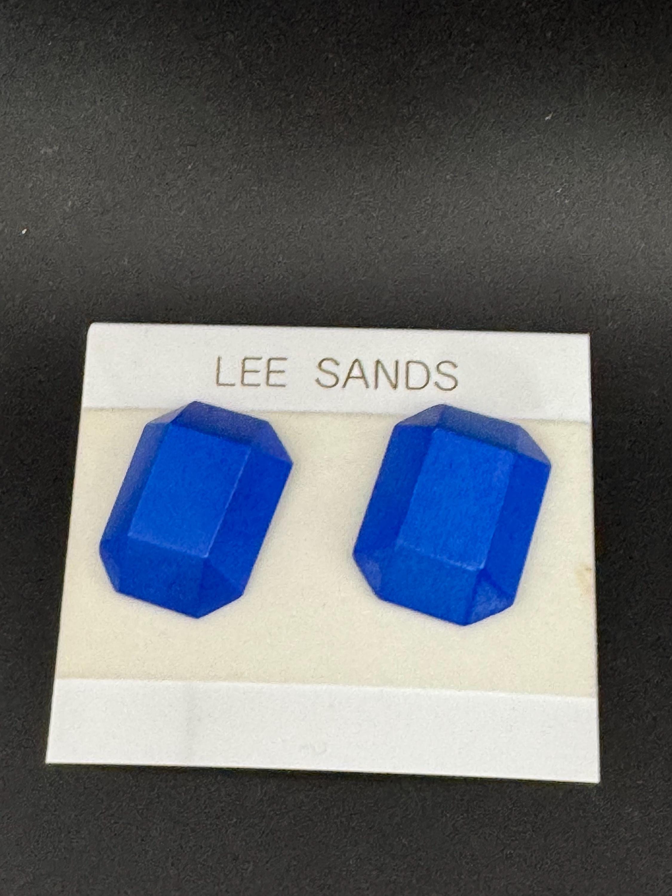 LEE SANDS bright blue pair of wooden emerald cut octagon stud earrings for pierced ears, Hawaiian designer