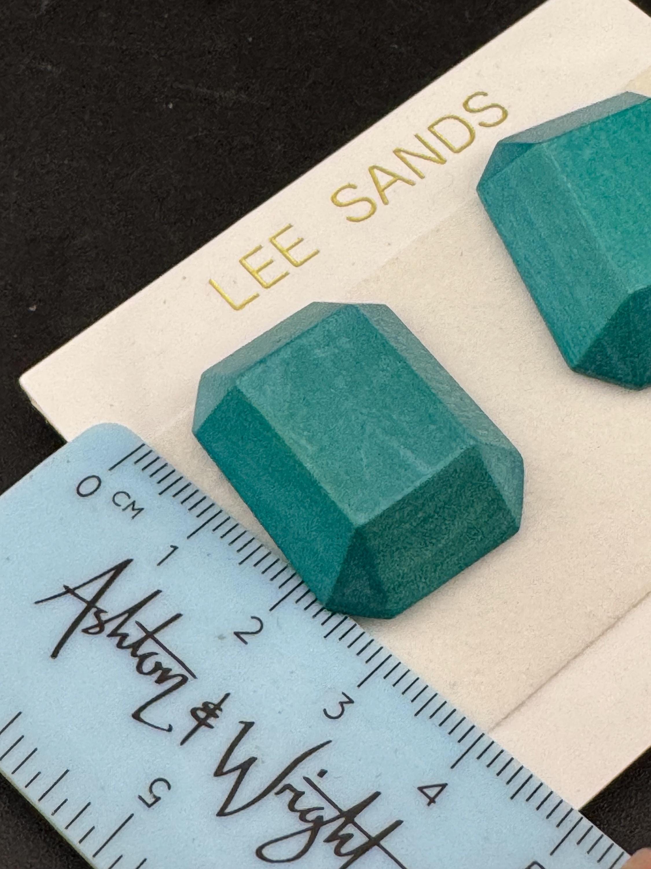 LEE SANDS turquoise blue pair of wooden emerald cut octagon stud earrings for pierced ears, Hawaiian designer