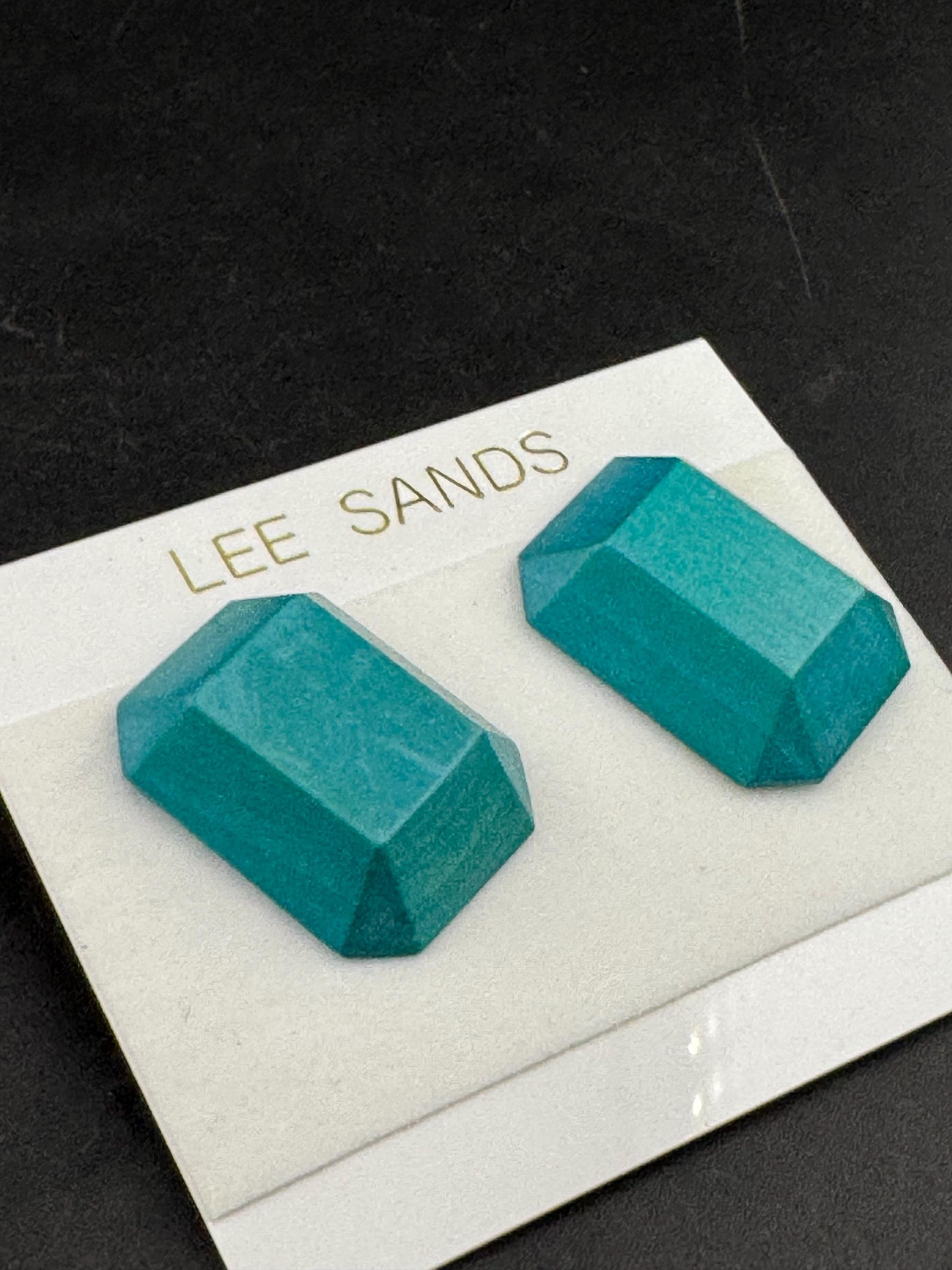 LEE SANDS turquoise blue pair of wooden emerald cut octagon stud earrings for pierced ears, Hawaiian designer