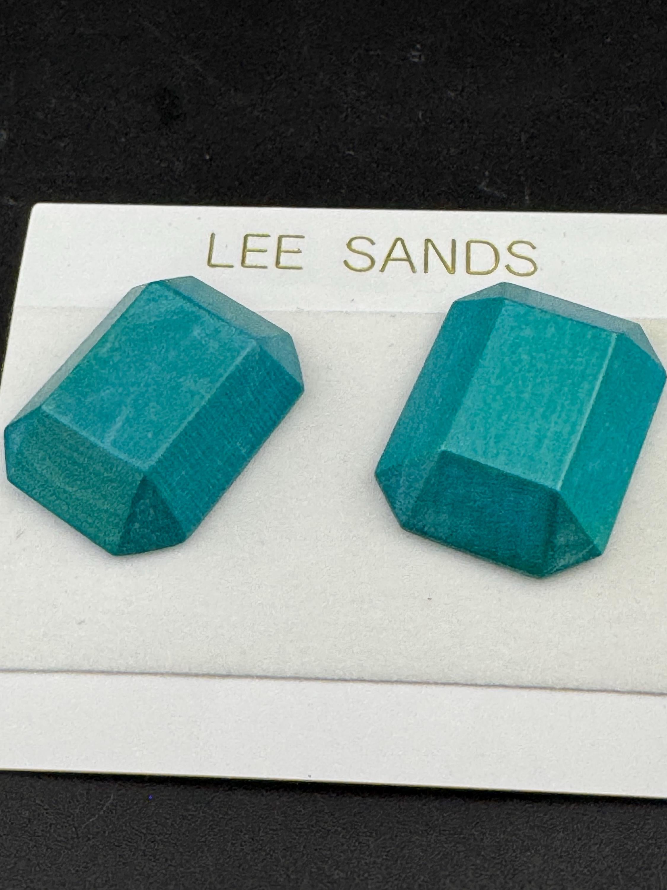 LEE SANDS turquoise blue pair of wooden emerald cut octagon stud earrings for pierced ears, Hawaiian designer