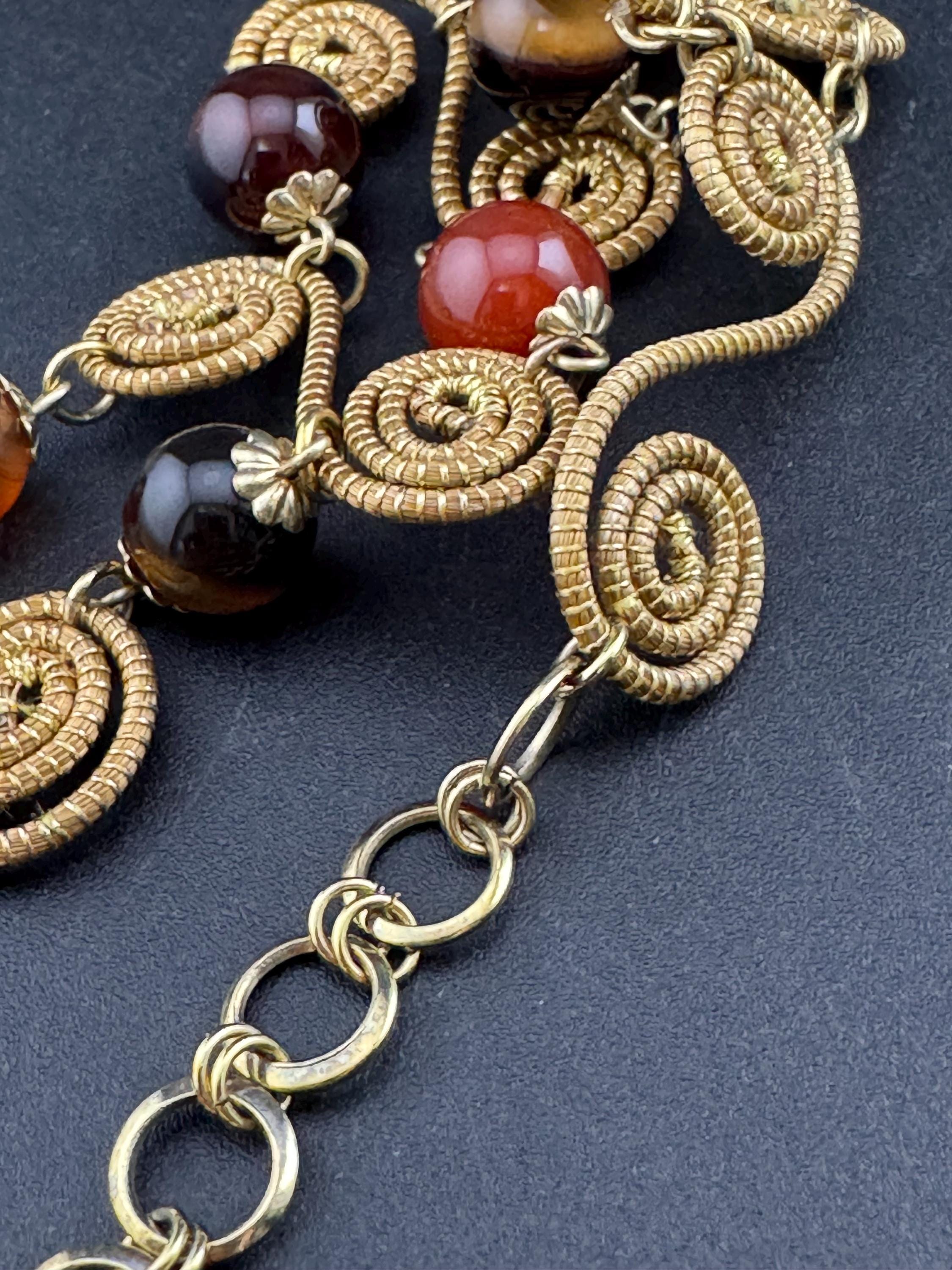 Vintage Capim Cia Dourado Gold Tone gemstone agate beaded panel link Etruscan style bracelet