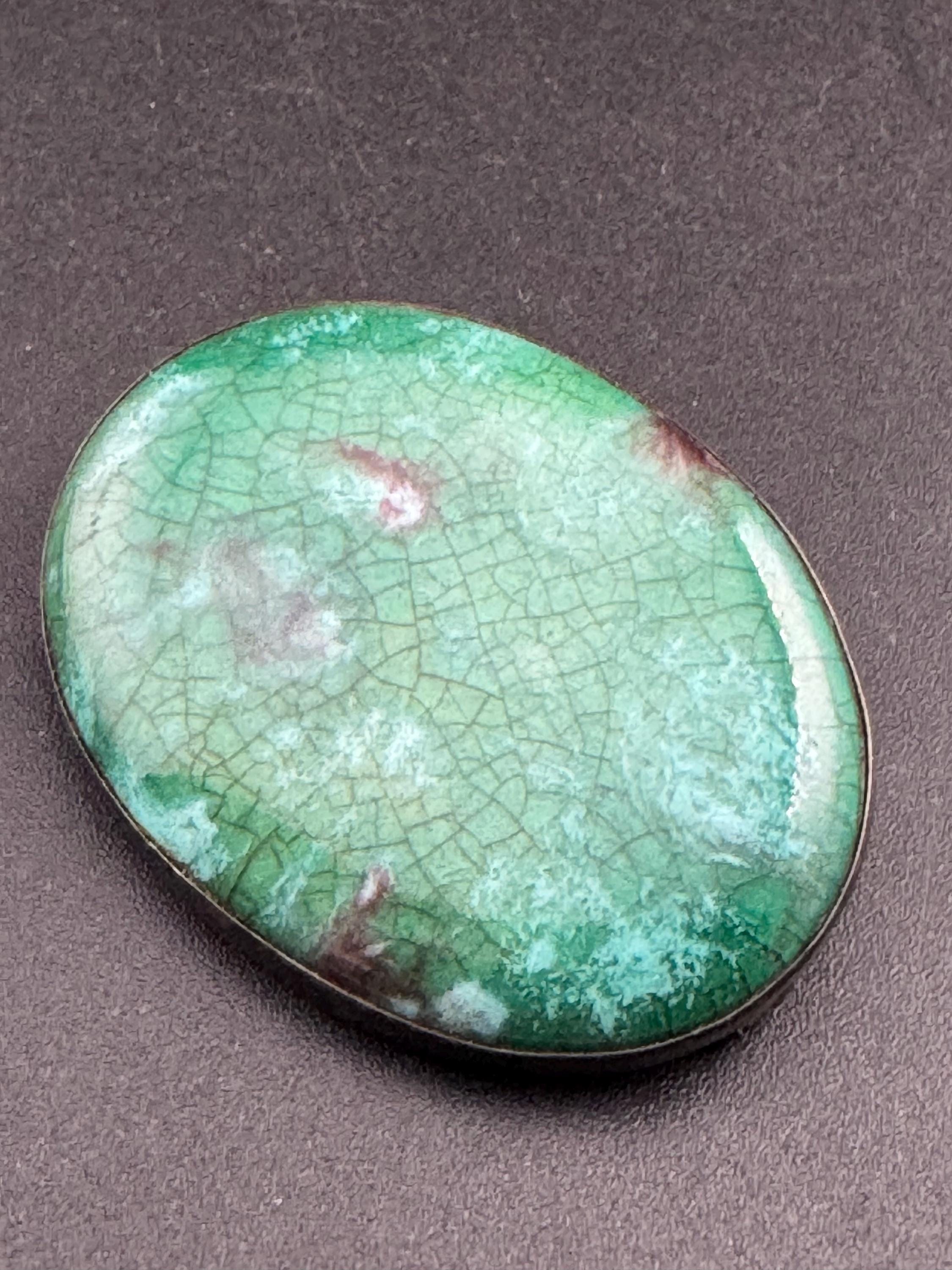 Art Deco Green Crackle Pottery Brooch: Sterling Silver Ruskin Style