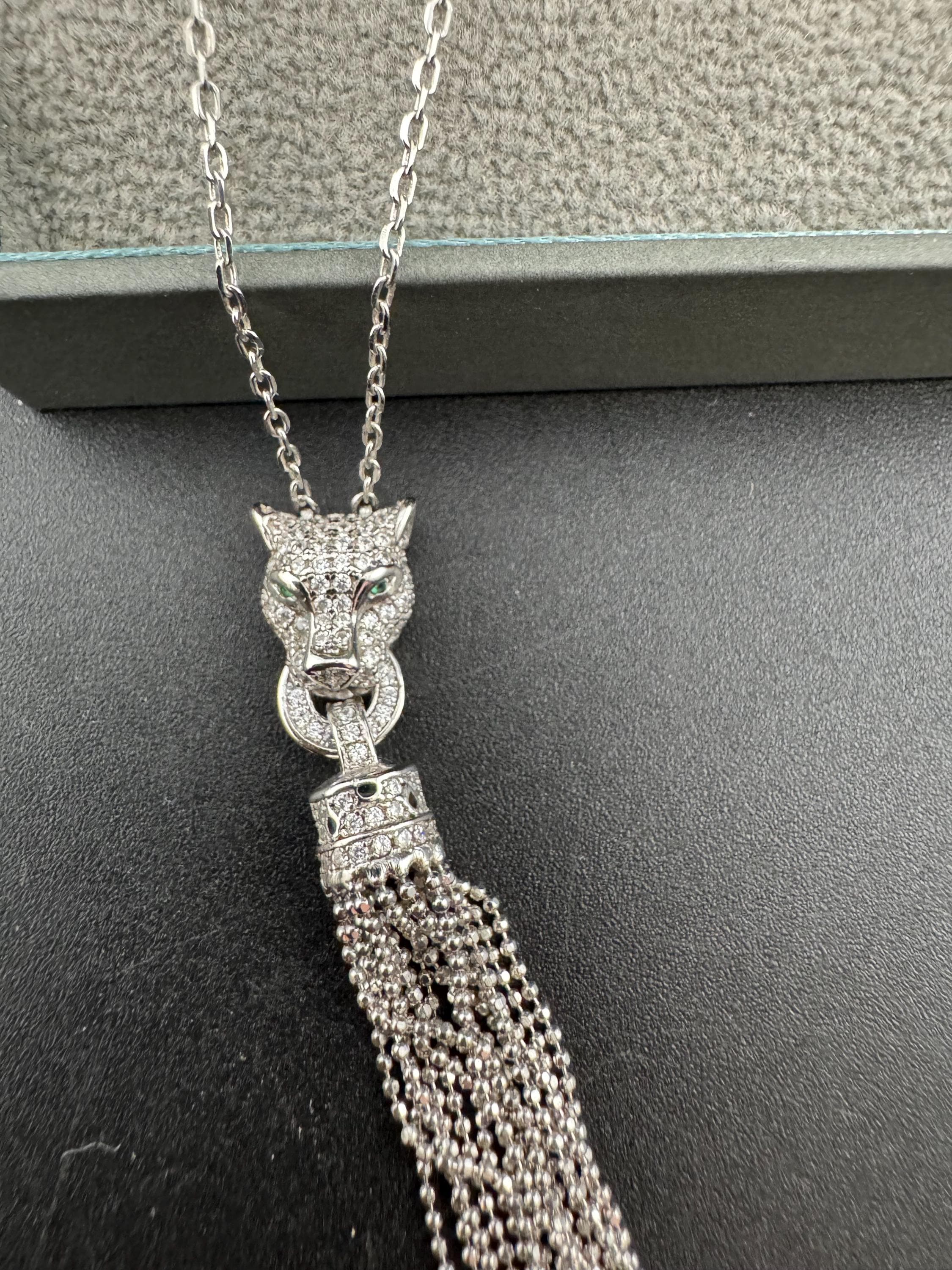 Retro Diamanté Leopard Necklace & Sterling Silver Tassel Earrings Set