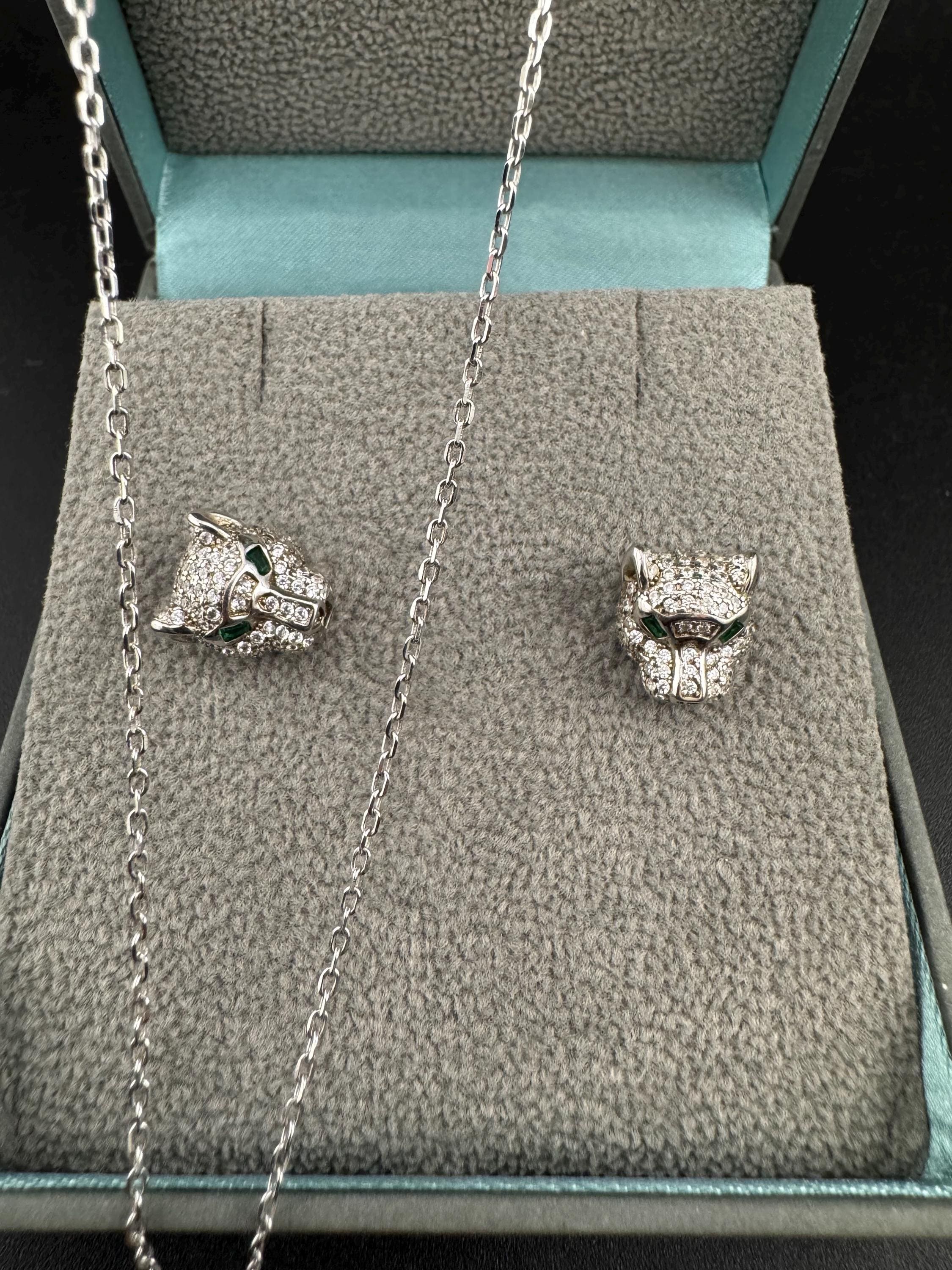 Retro Diamanté Leopard Necklace & Sterling Silver Tassel Earrings Set
