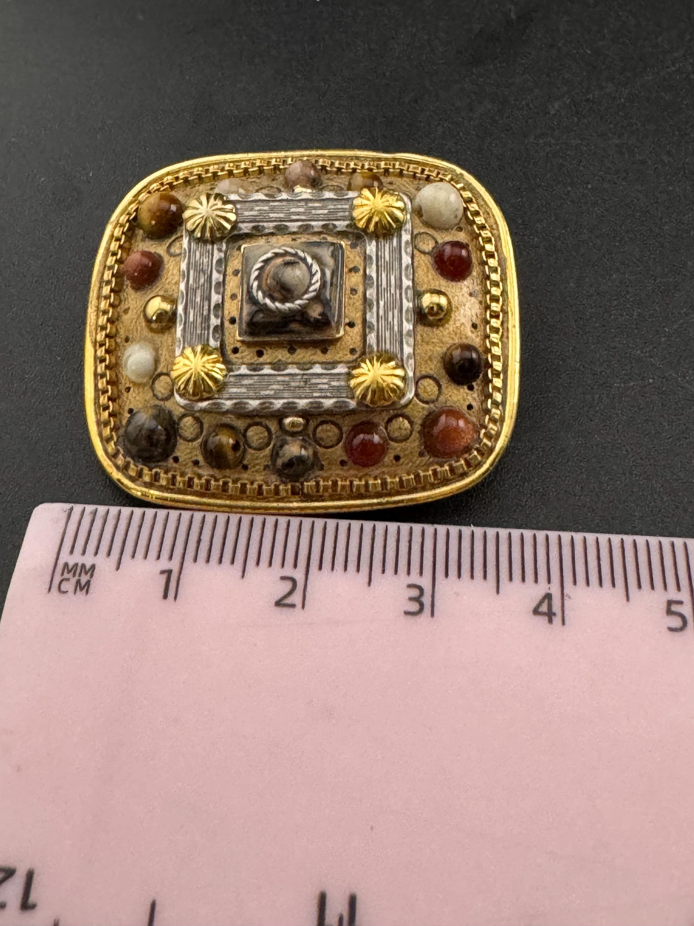 Signed Michal Golan Brooch Pendant: Gold Plated Etruscan Gemstone Cabochons