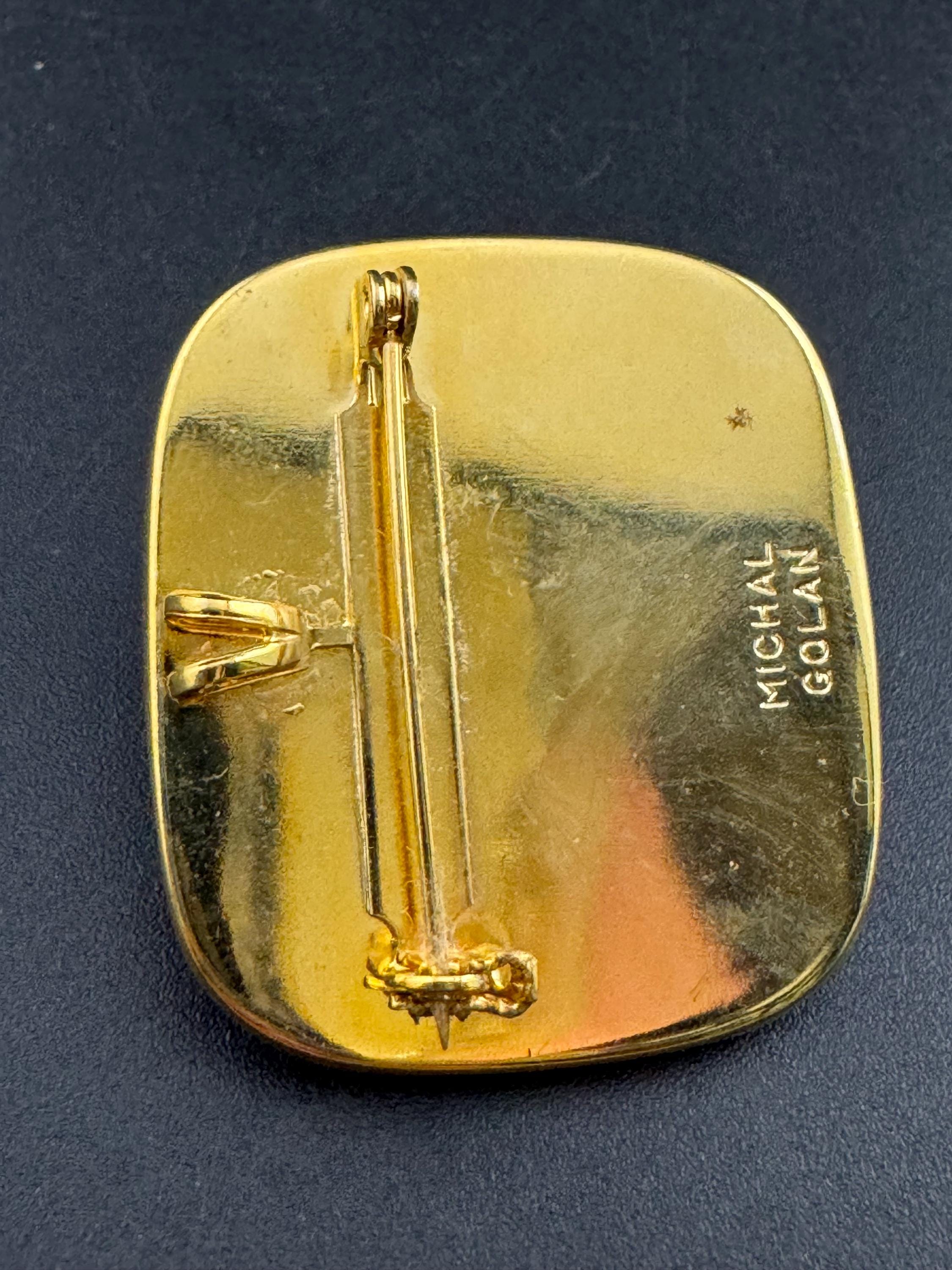 Signed Michal Golan Brooch Pendant: Gold Plated Etruscan Gemstone Cabochons