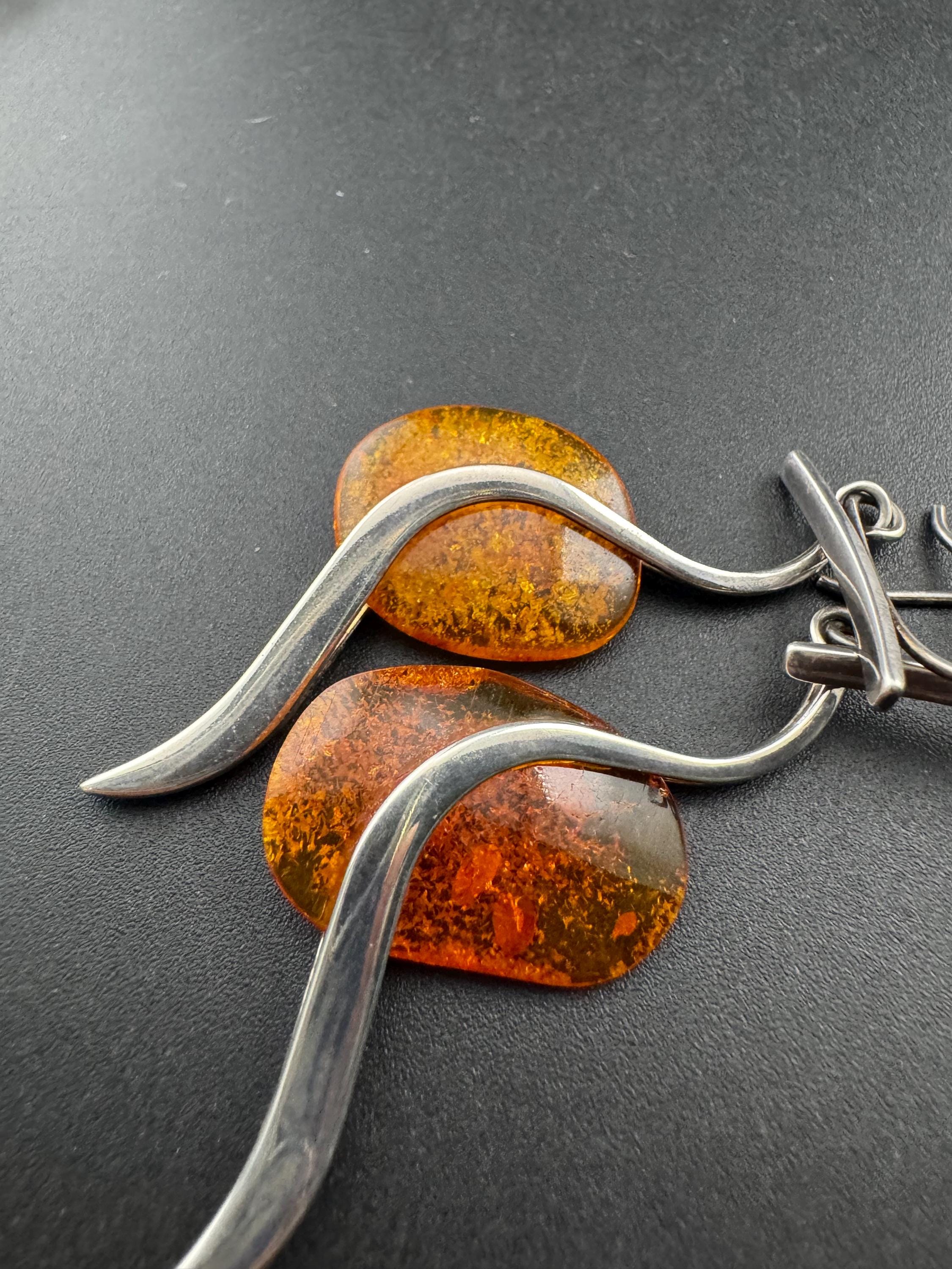 Oversized retro pair of Natural Amber sterling 925 silver drop dangle earrings for pierced ears 12.1grams 7.5cm long