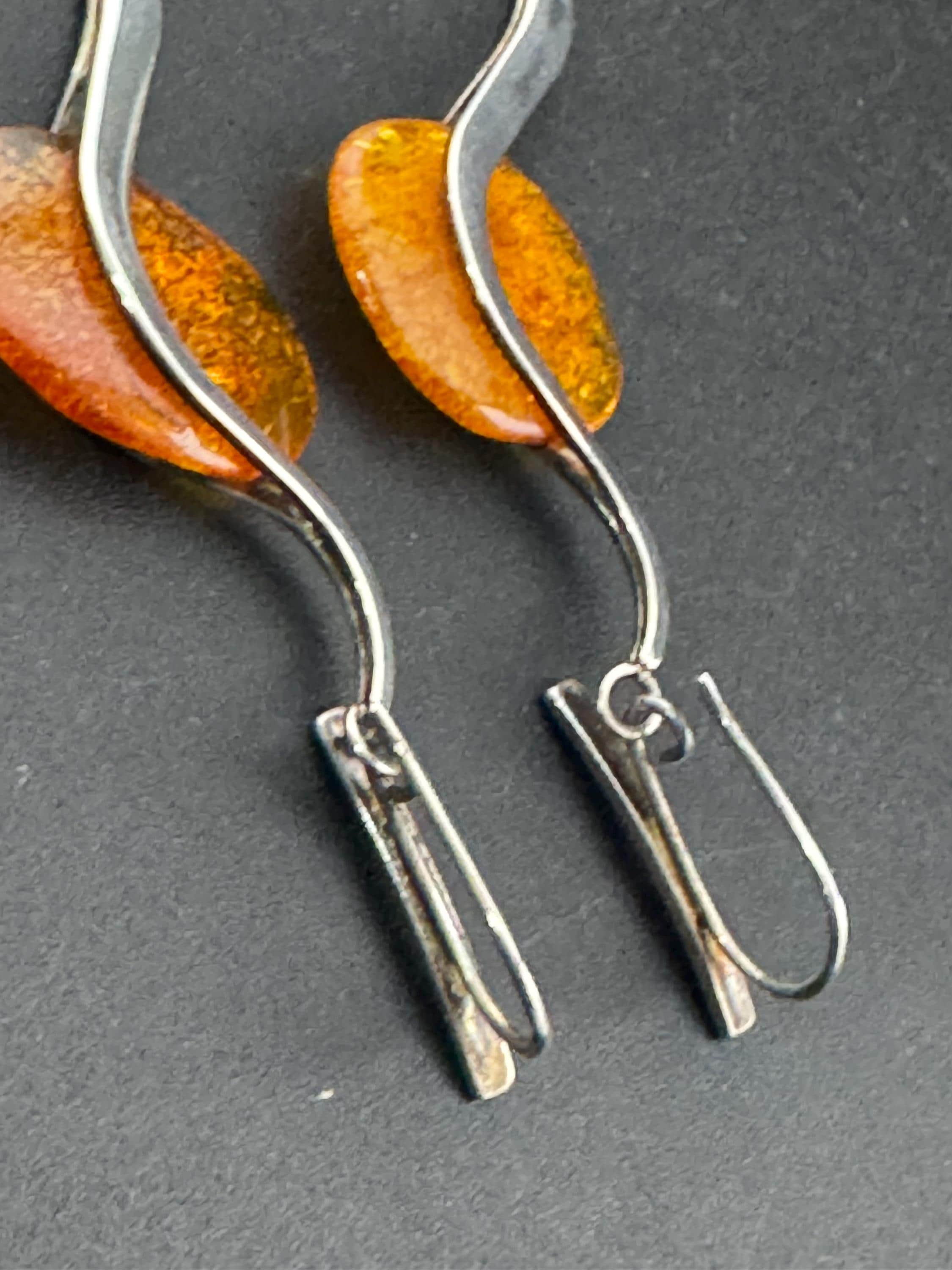 Oversized retro pair of Natural Amber sterling 925 silver drop dangle earrings for pierced ears 12.1grams 7.5cm long