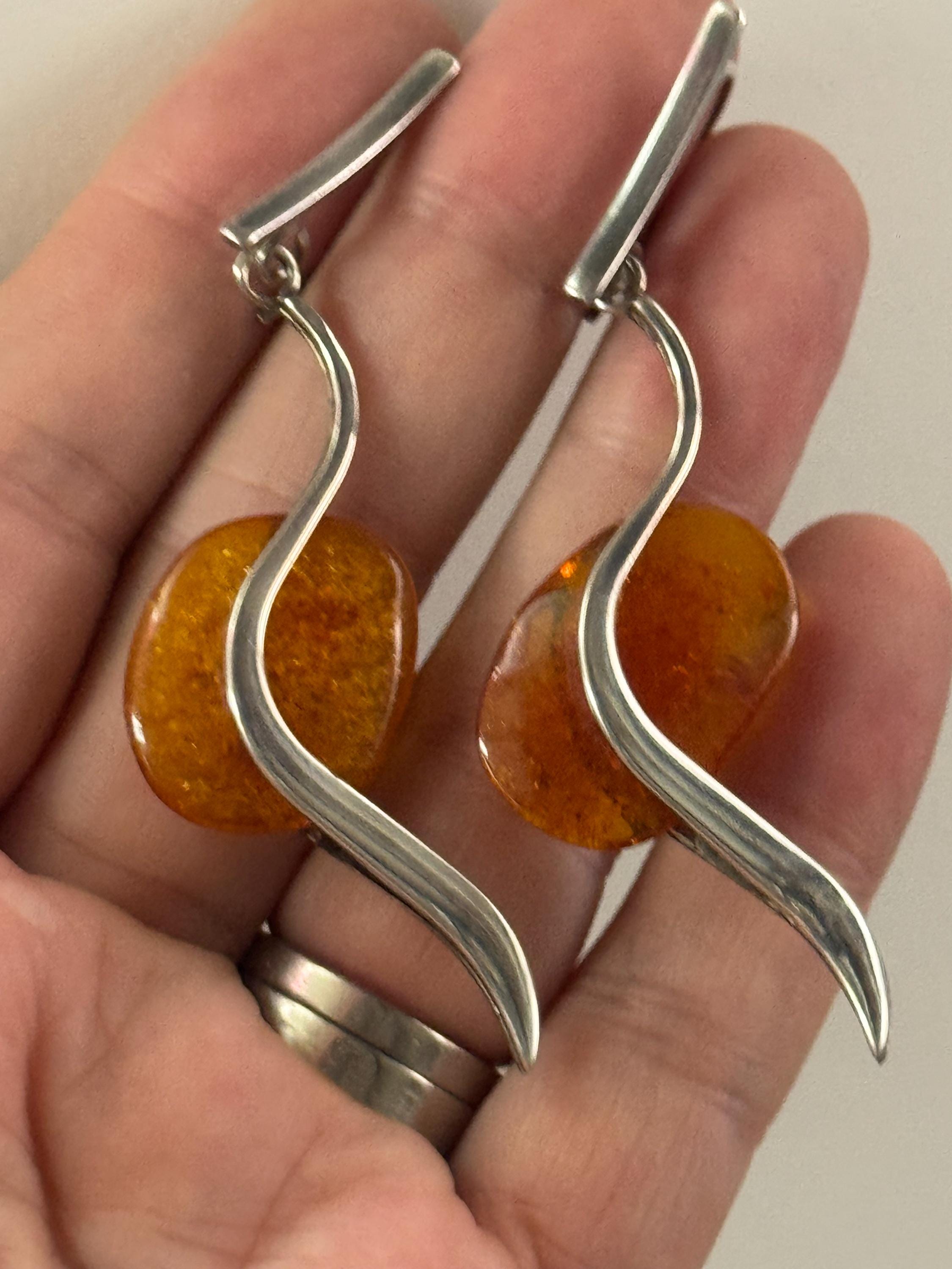 Oversized retro pair of Natural Amber sterling 925 silver drop dangle earrings for pierced ears 12.1grams 7.5cm long