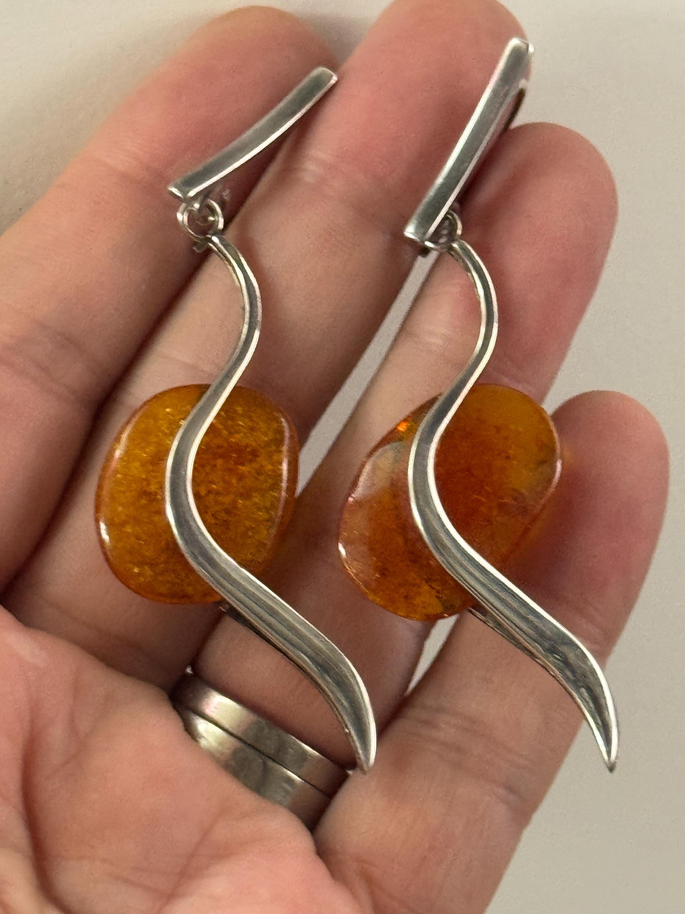 Oversized retro pair of Natural Amber sterling 925 silver drop dangle earrings for pierced ears 12.1grams 7.5cm long