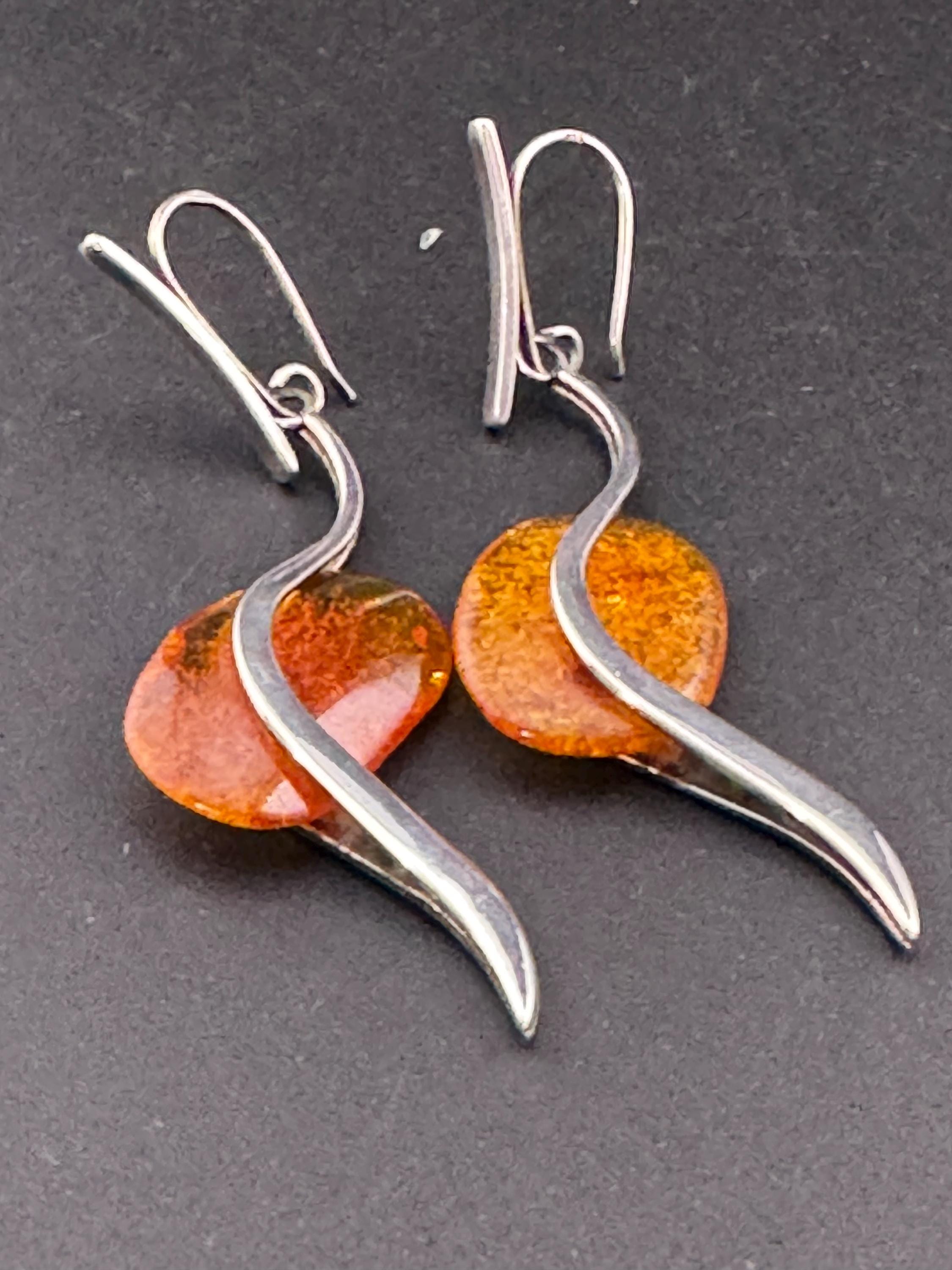 Oversized retro pair of Natural Amber sterling 925 silver drop dangle earrings for pierced ears 12.1grams 7.5cm long