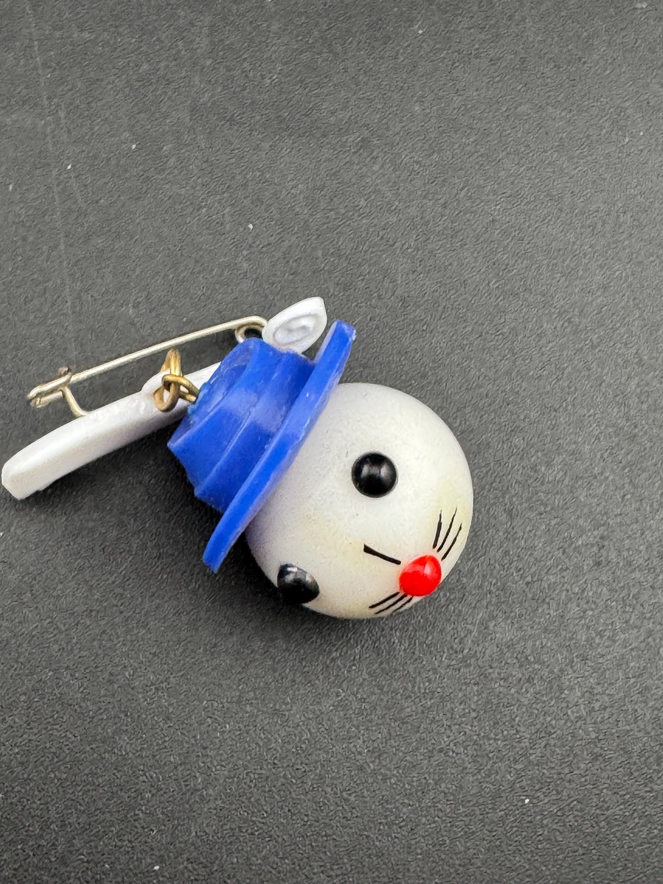 Vintage Kitsch Rabbit Brooch: 1940s Blue Hat Plastic Pin