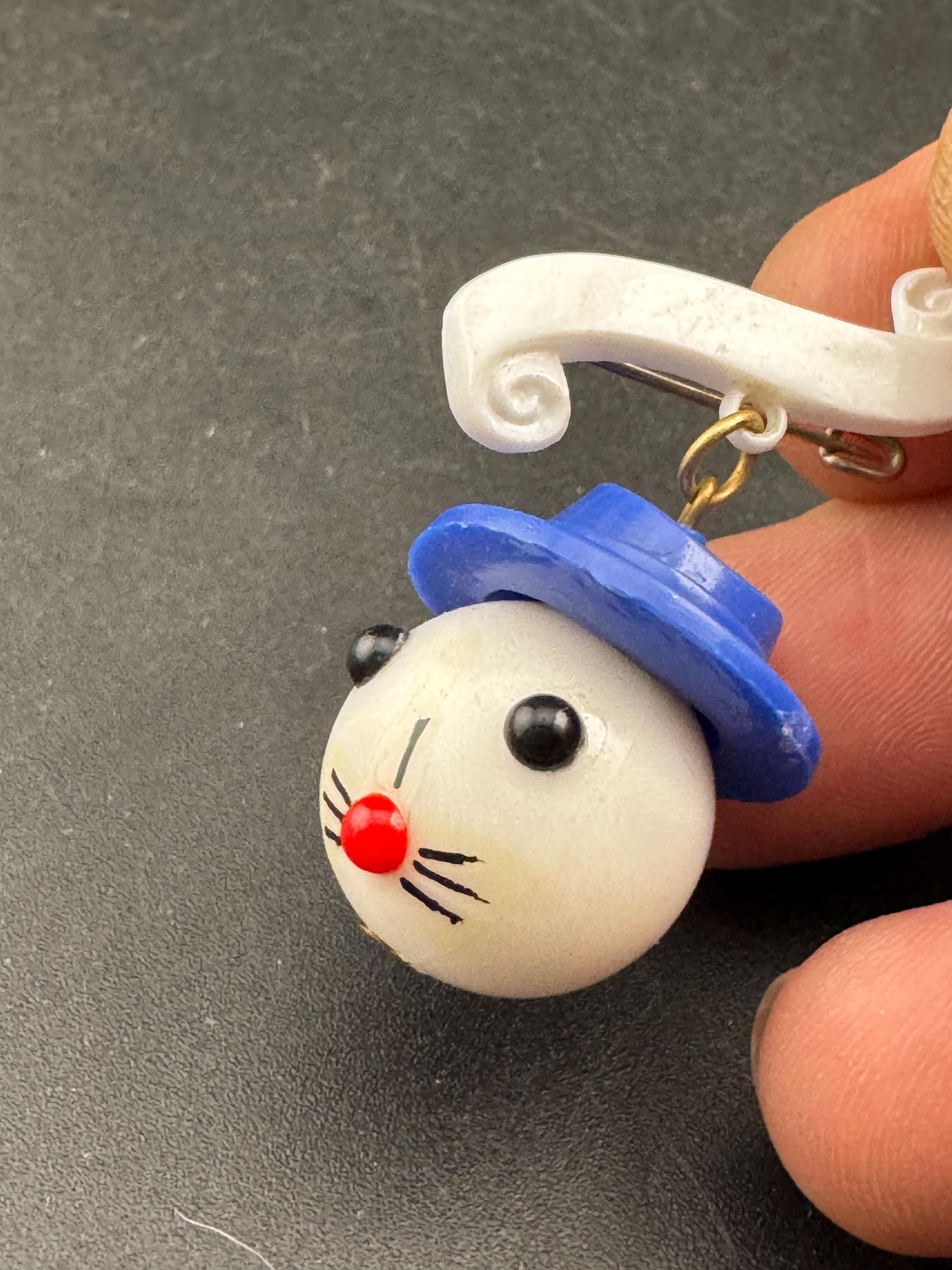 Vintage Kitsch Rabbit Brooch: 1940s Blue Hat Plastic Pin
