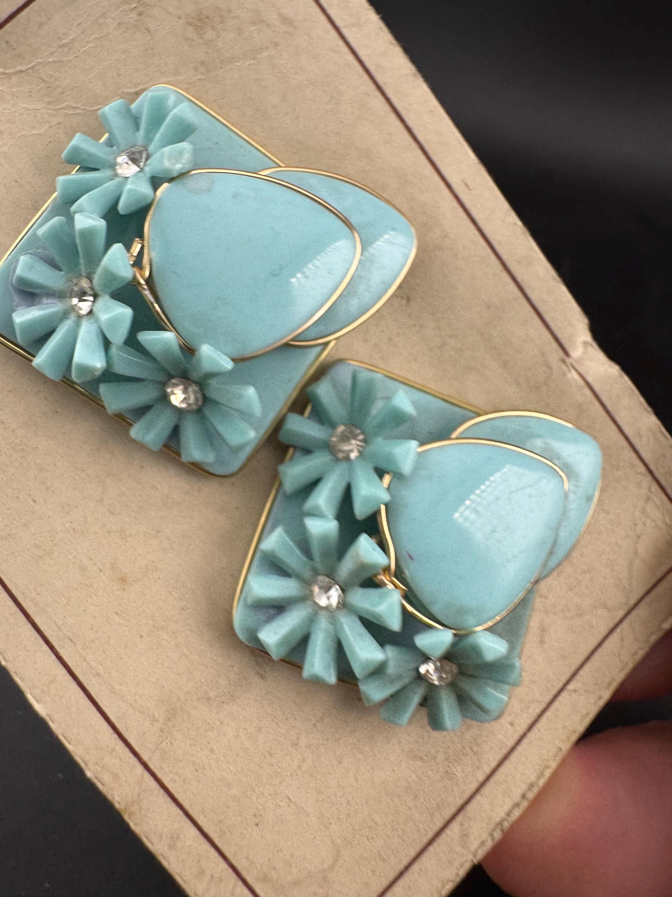 Oversized 4cm square turquoise blue hard plastic big clip on stud earrings with diamanté 1950s gold tone trim