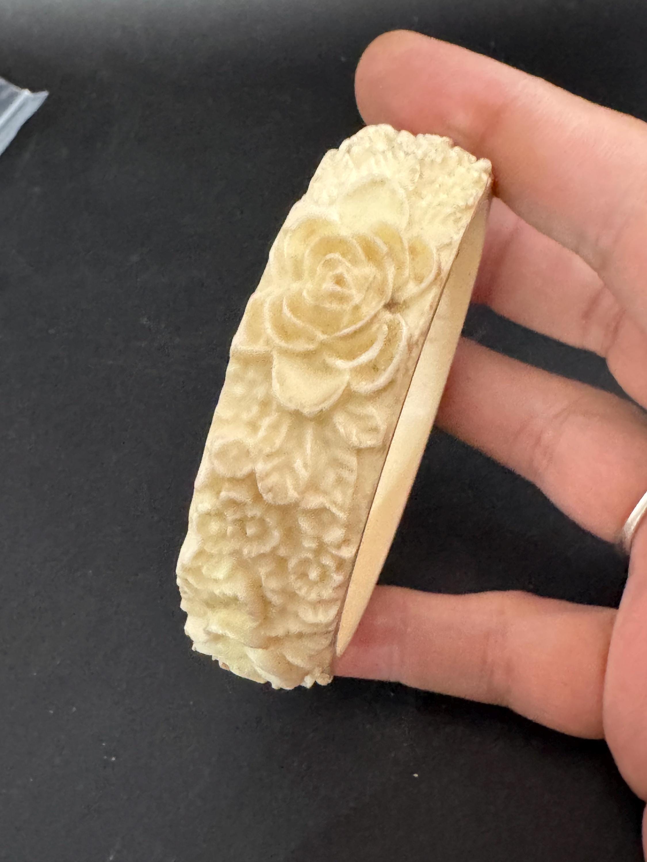 Antique Vintage Early Plastic Faux Bone Horn Celluloid Carved Detailed Floral Bangle Bracelet