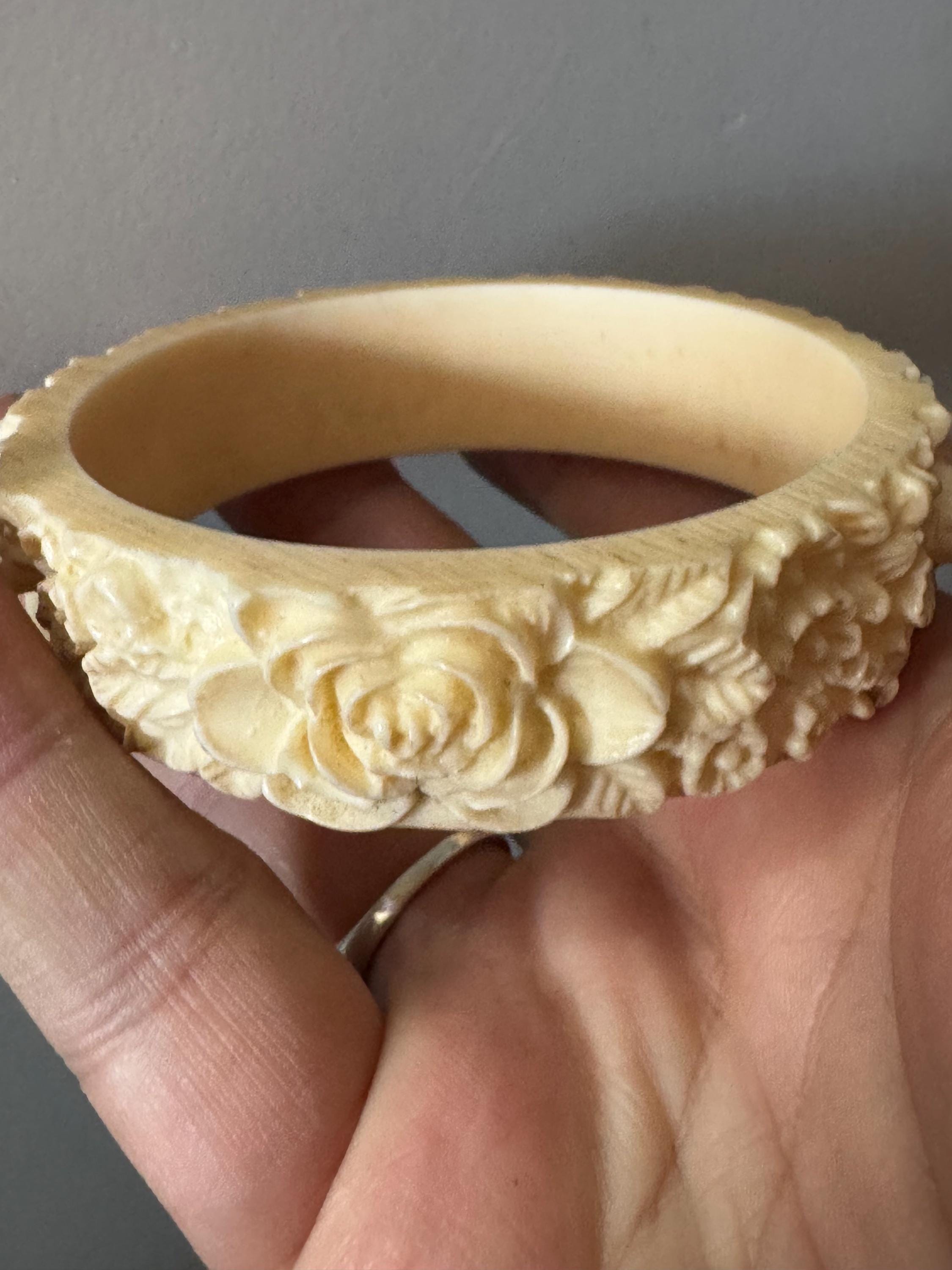 Antique Vintage Early Plastic Faux Bone Horn Celluloid Carved Detailed Floral Bangle Bracelet
