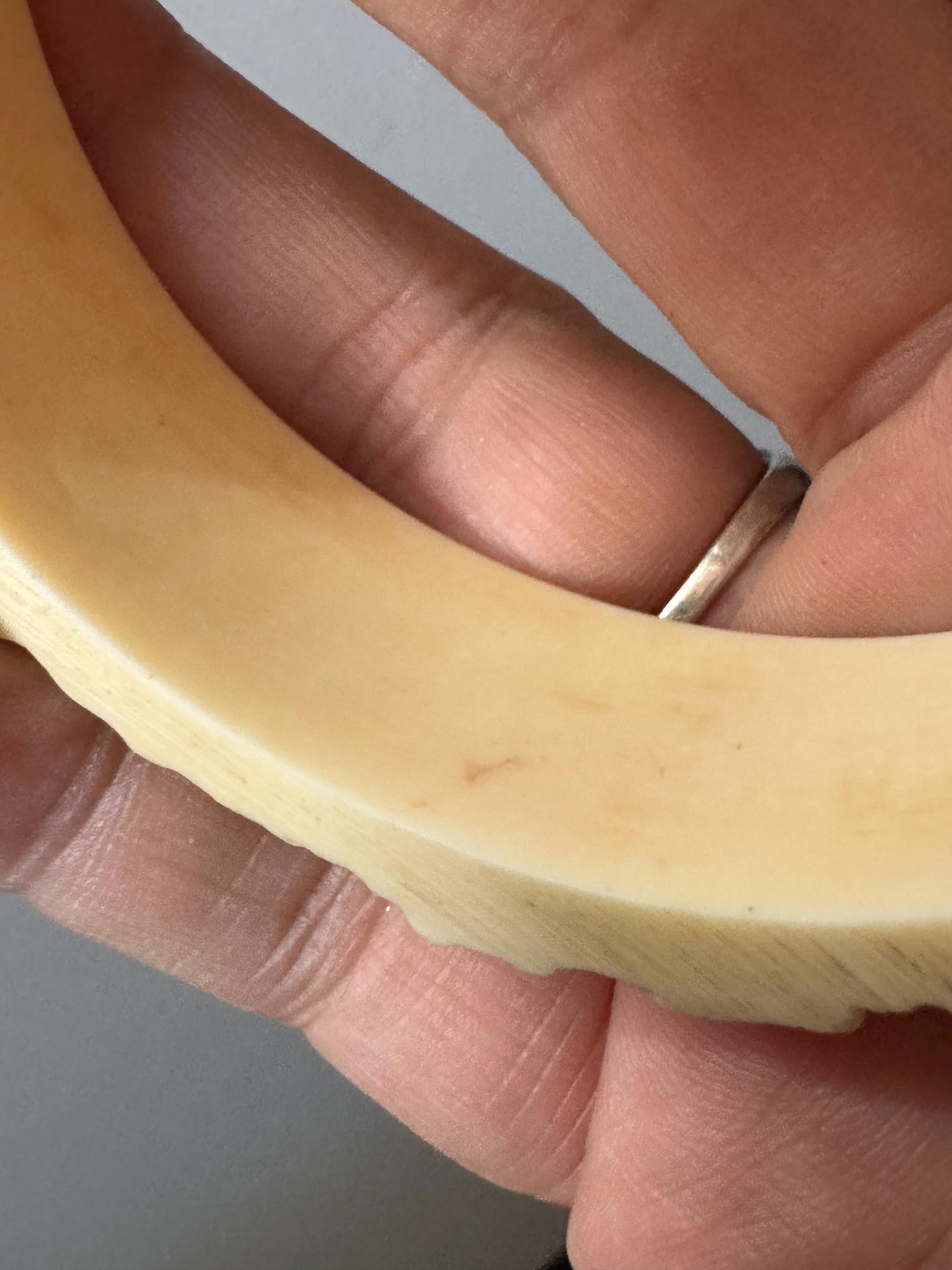 Antique Vintage Early Plastic Faux Bone Horn Celluloid Carved Detailed Floral Bangle Bracelet