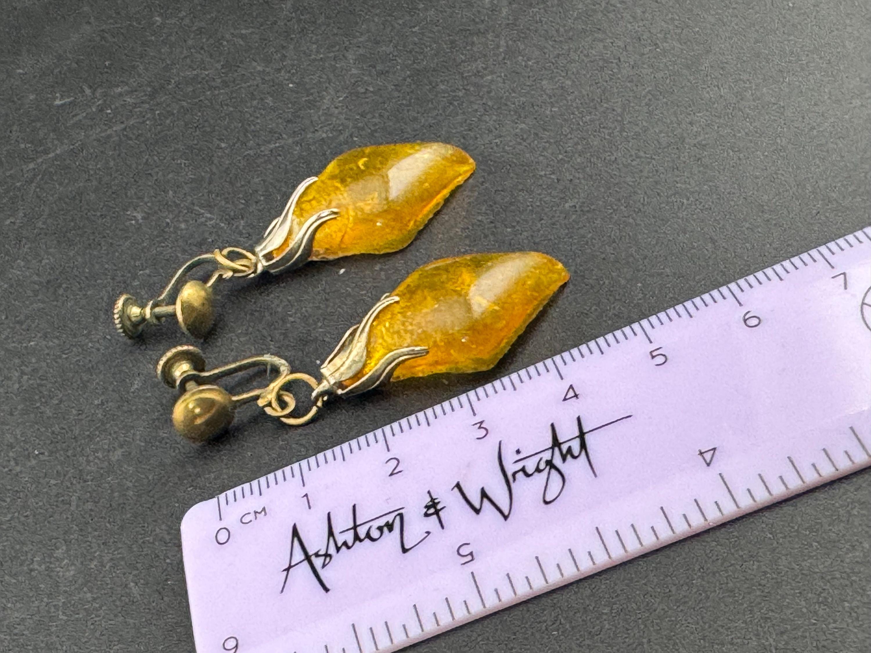 Vintage yellow faux amber Plastic dangly clip on earrings
