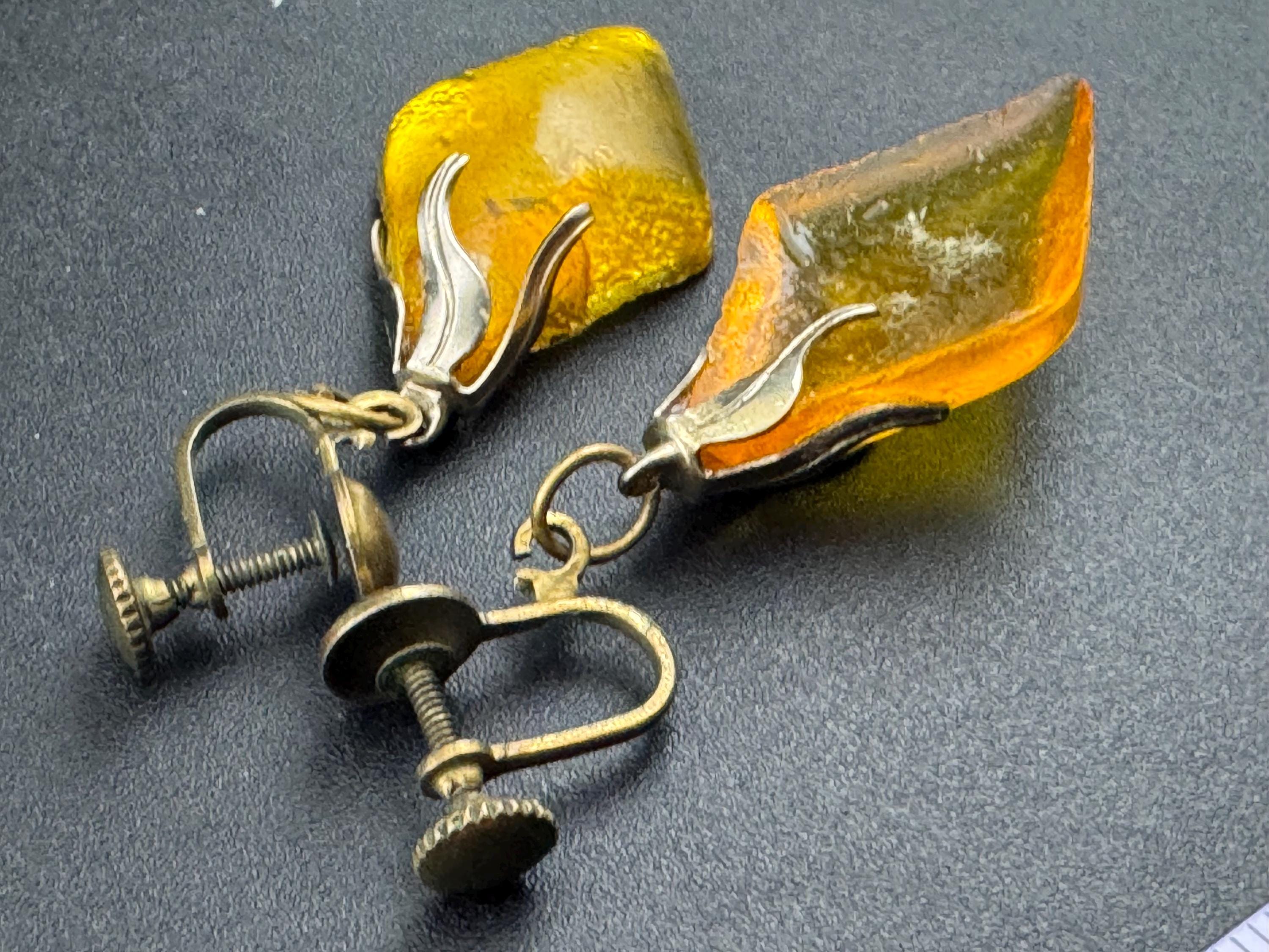 Vintage yellow faux amber Plastic dangly clip on earrings
