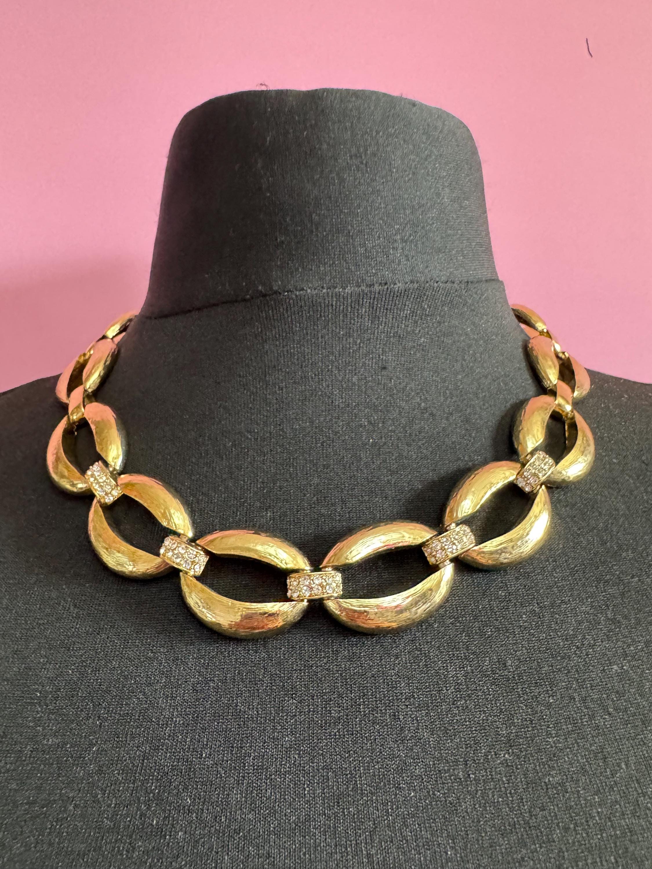 90s Gold Tone Diamanté Choker Necklace: Wide Curb Chain Link