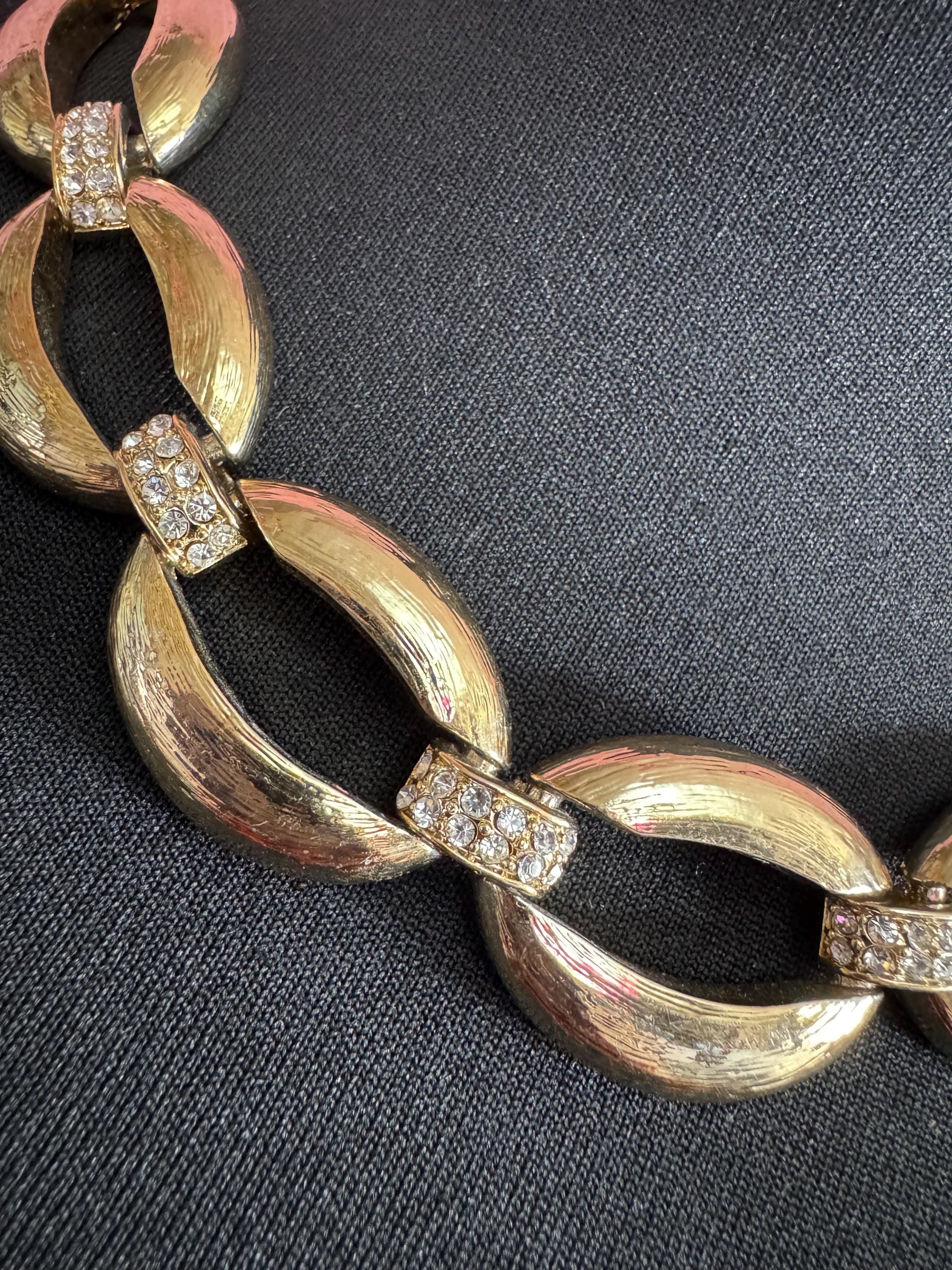 90s Gold Tone Diamanté Choker Necklace: Wide Curb Chain Link