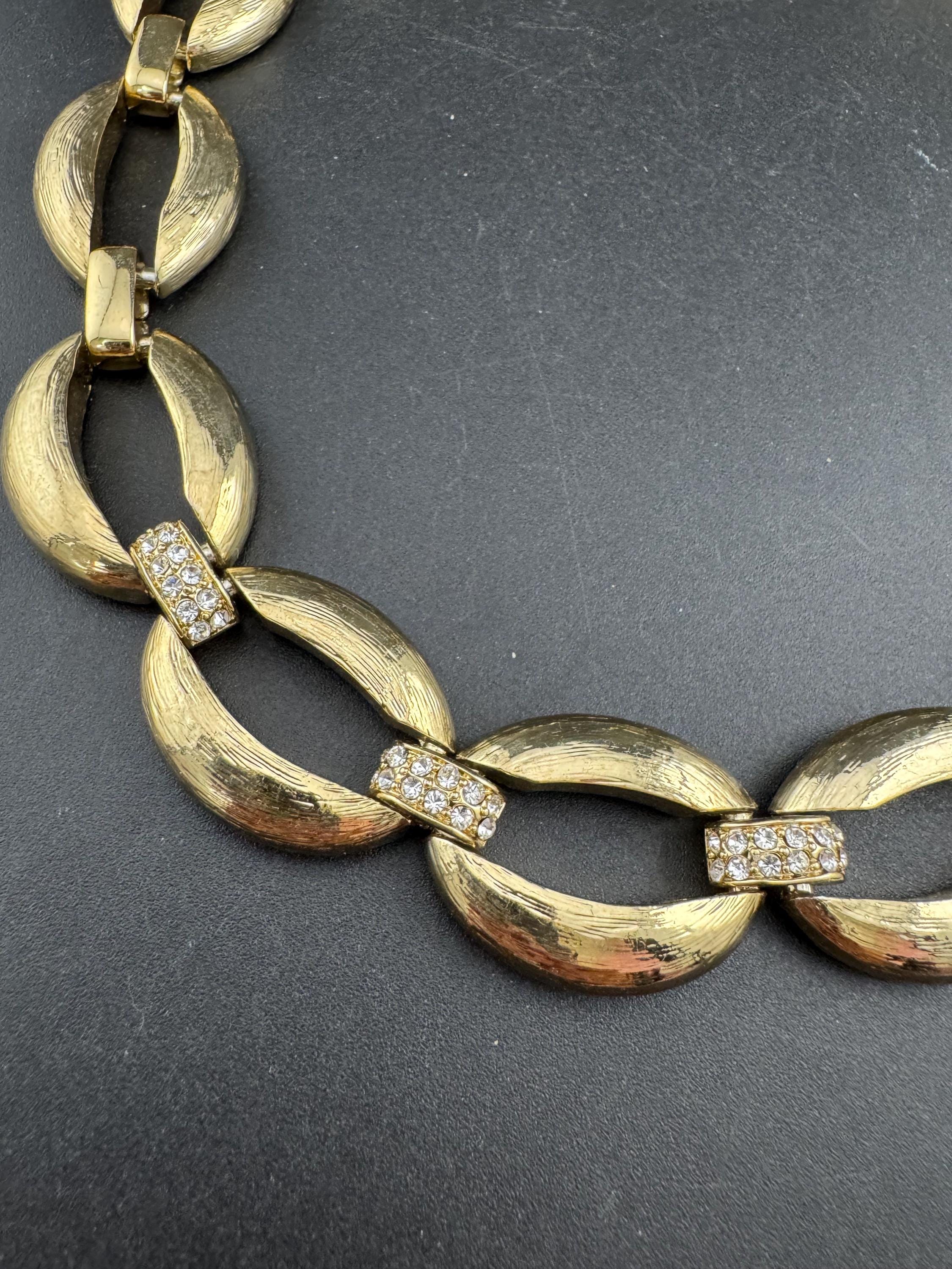 90s Gold Tone Diamanté Choker Necklace: Wide Curb Chain Link