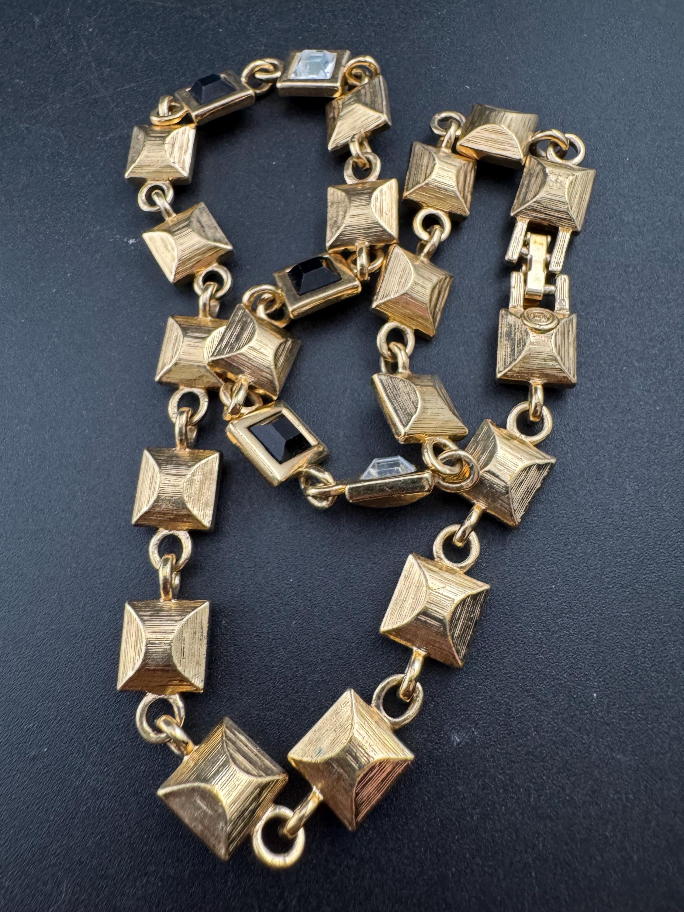 Signed square clear and black diamanté crystal collar necklace 43cm, Matt gold tone