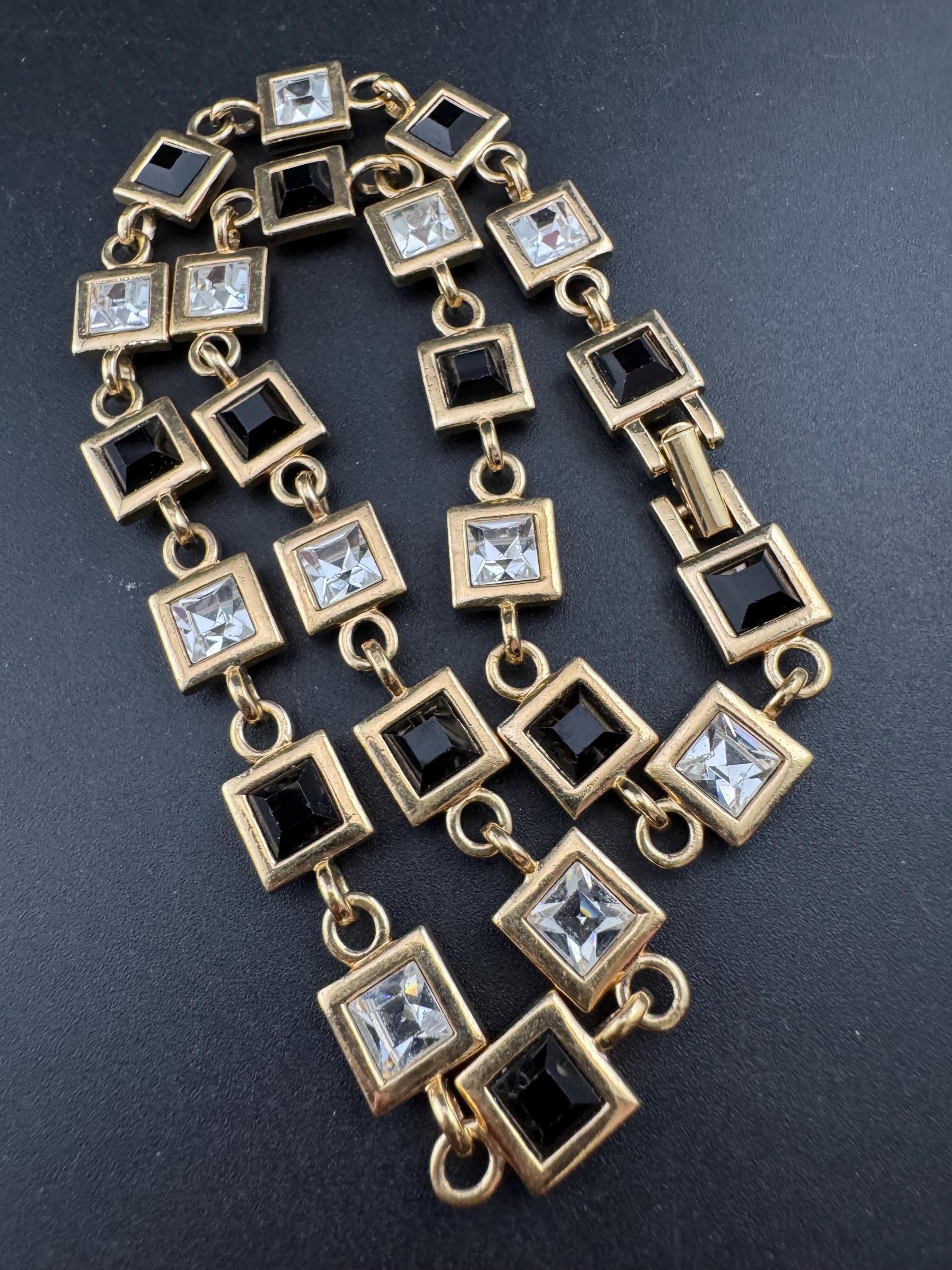 Signed square clear and black diamanté crystal collar necklace 43cm, Matt gold tone