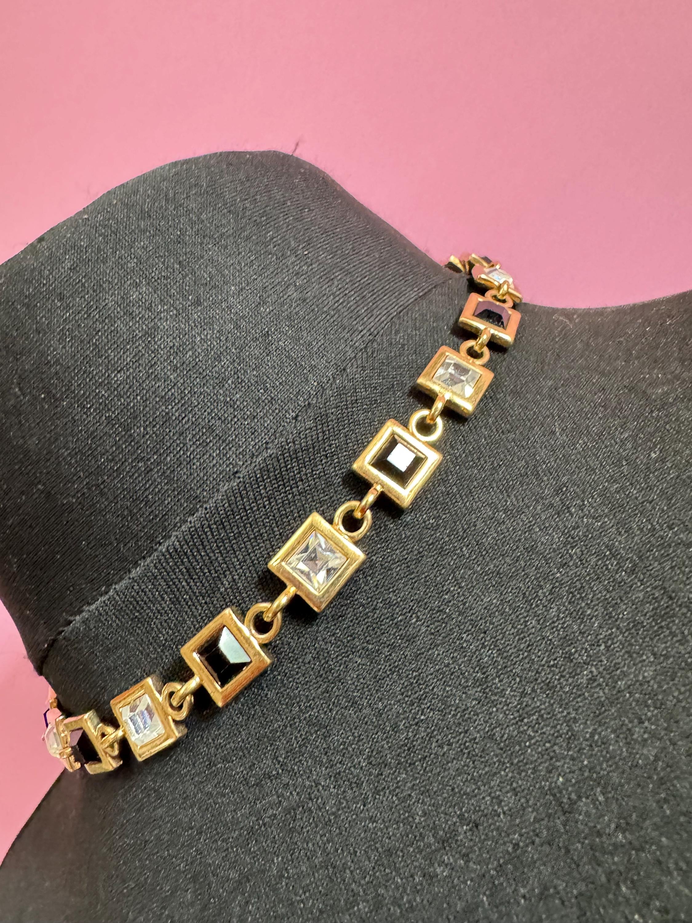 Signed square clear and black diamanté crystal collar necklace 43cm, Matt gold tone