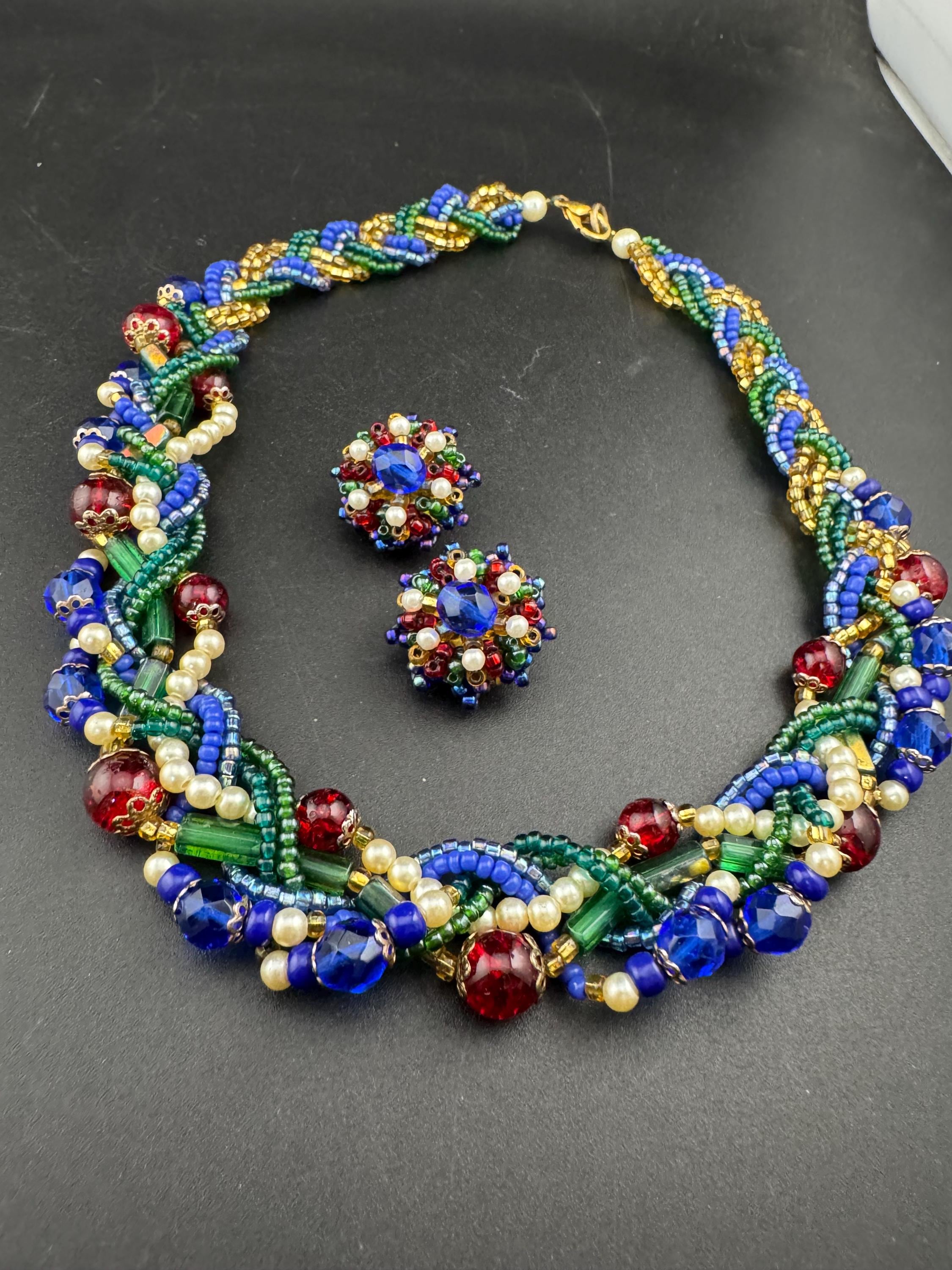 Vintage red blue green and gold seed bead twisted multi-strand necklace and matching clip on earrings, jewellery set