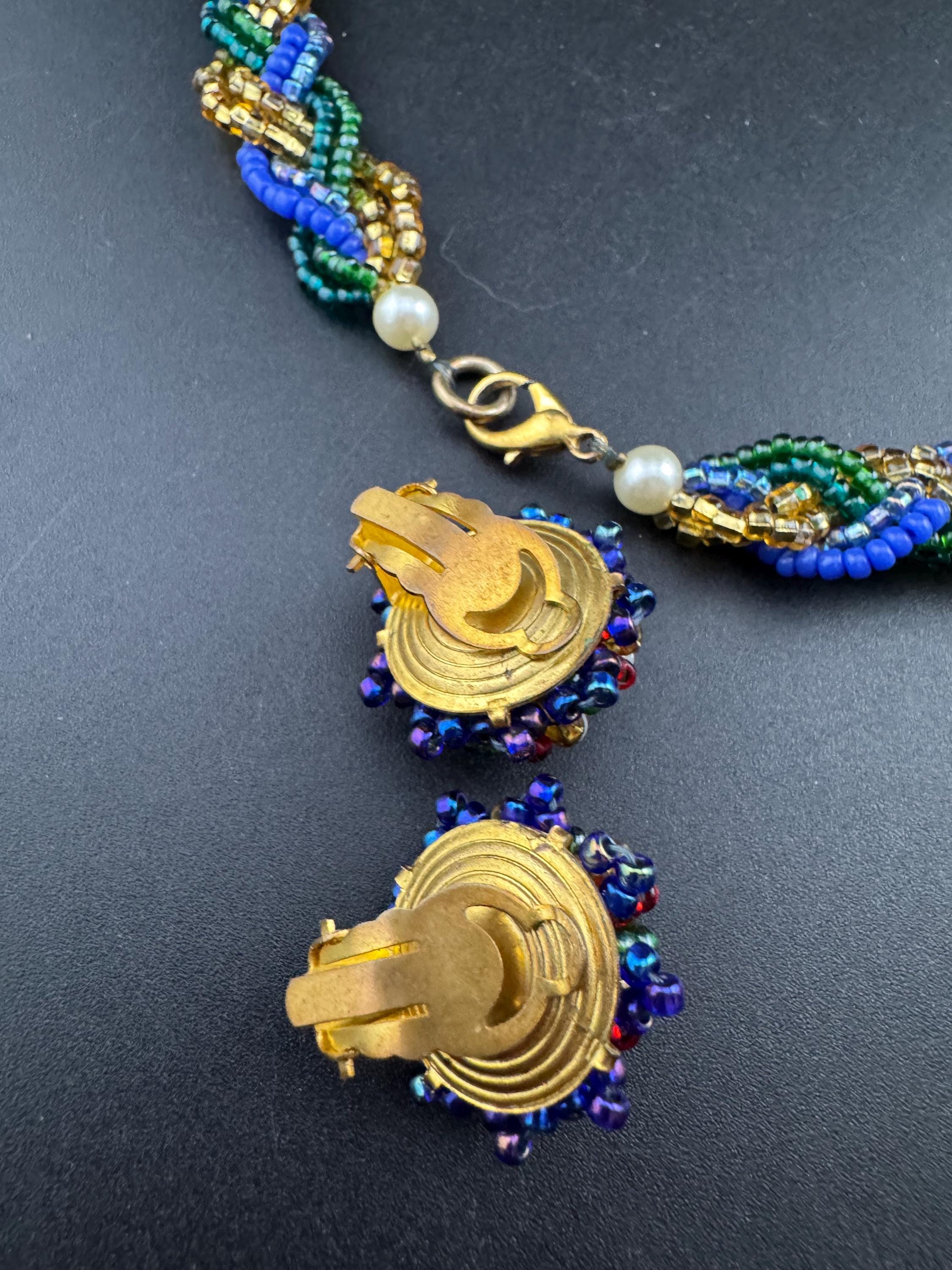 Vintage red blue green and gold seed bead twisted multi-strand necklace and matching clip on earrings, jewellery set