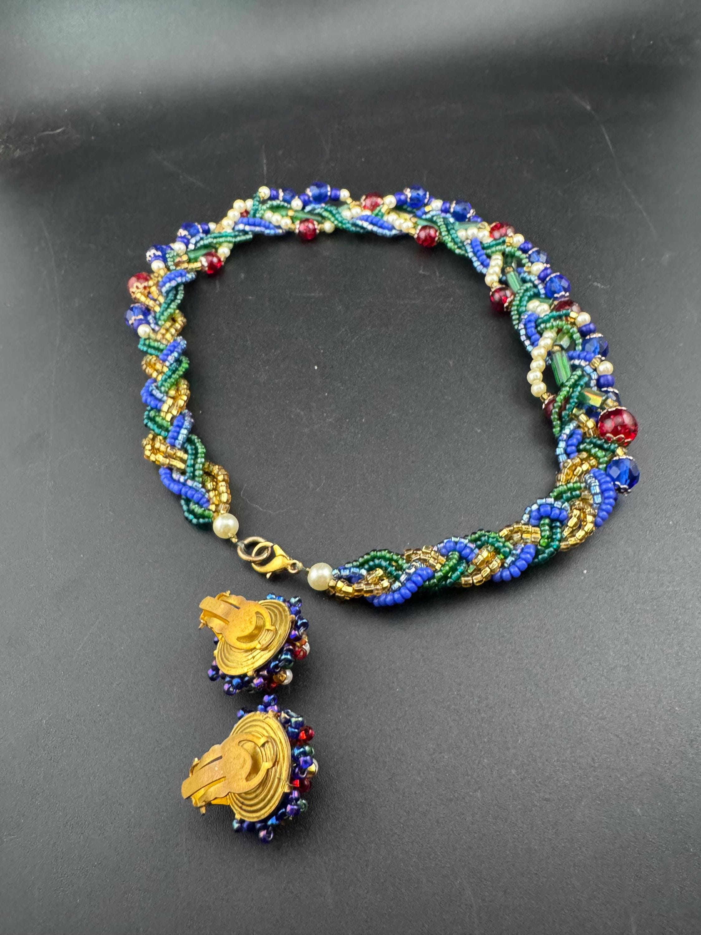 Vintage red blue green and gold seed bead twisted multi-strand necklace and matching clip on earrings, jewellery set