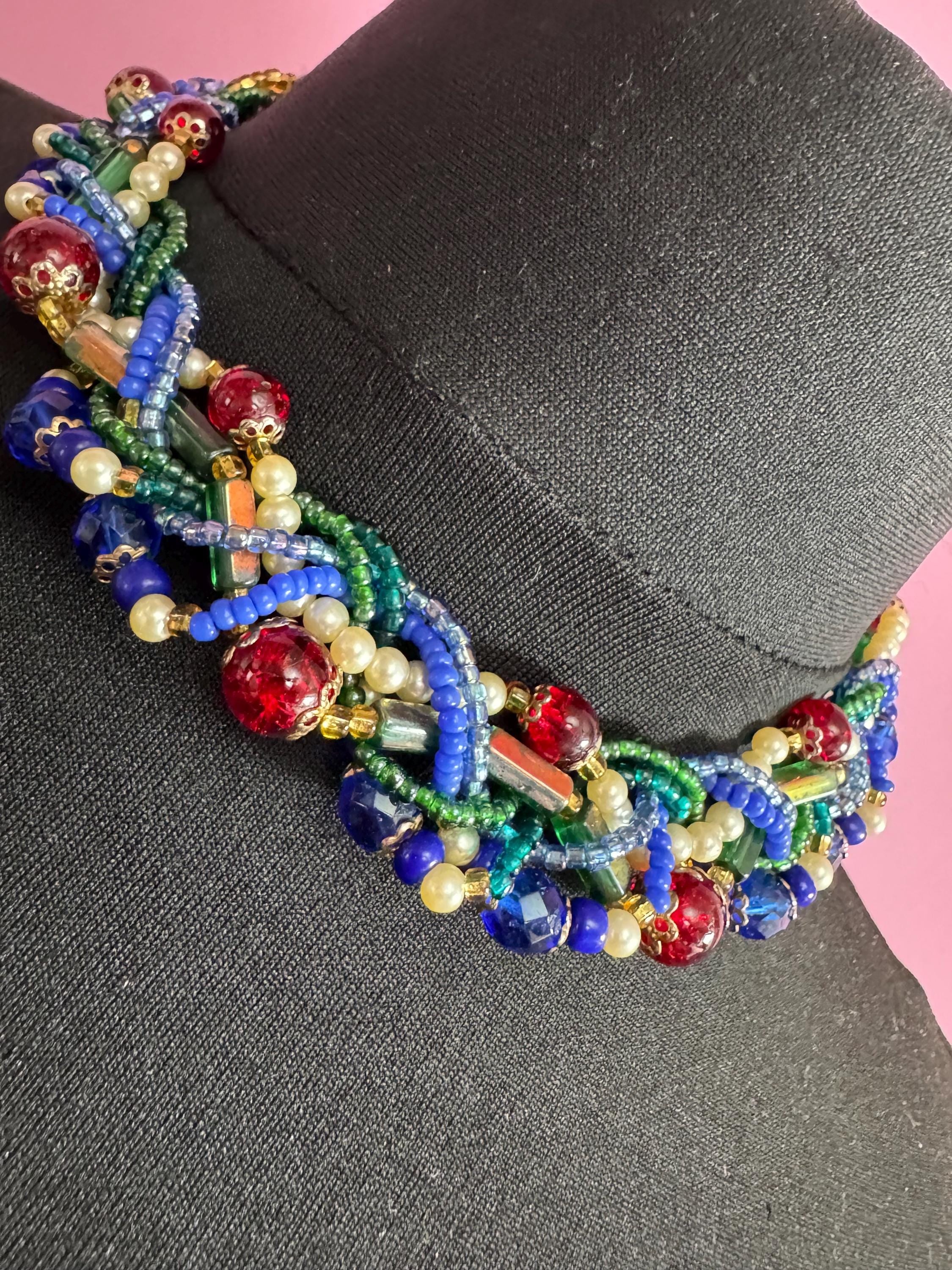 Vintage red blue green and gold seed bead twisted multi-strand necklace and matching clip on earrings, jewellery set