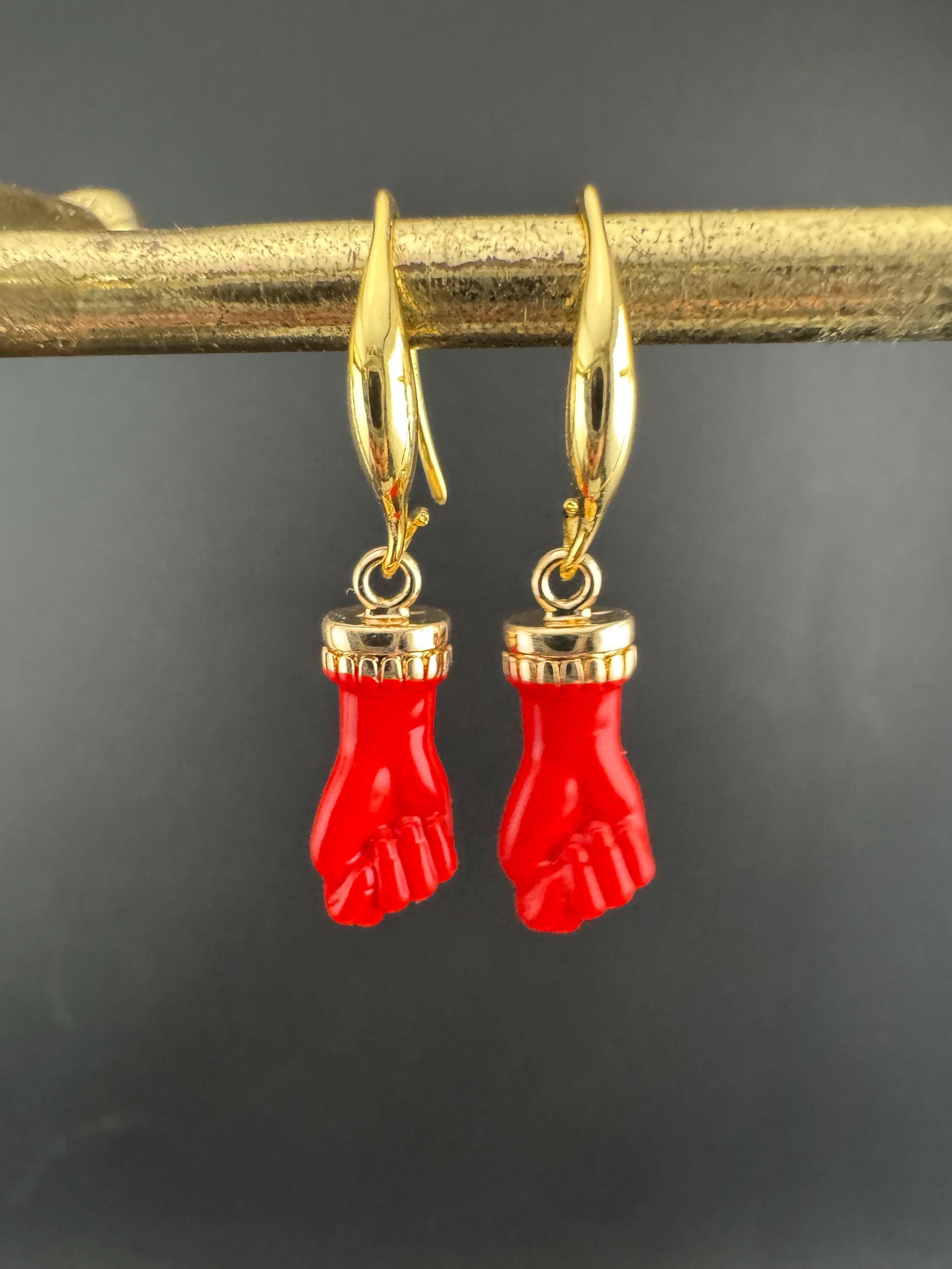 18k gold plated red, black, pink and coral enamel figa hand fist dangly drop earrings , GP earwires , Victorian style