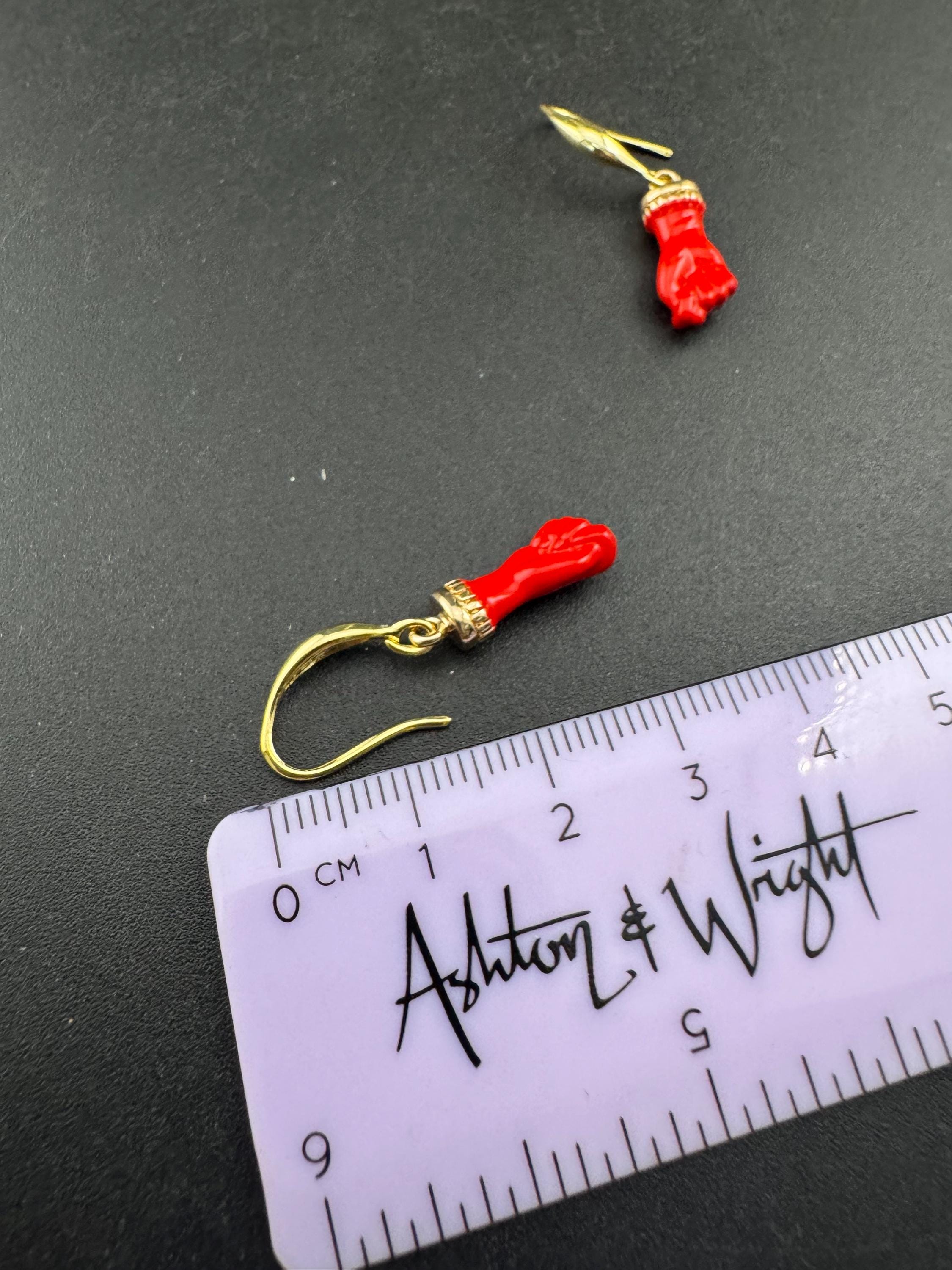 18k gold plated red, black, pink and coral enamel figa hand fist dangly drop earrings , GP earwires , Victorian style