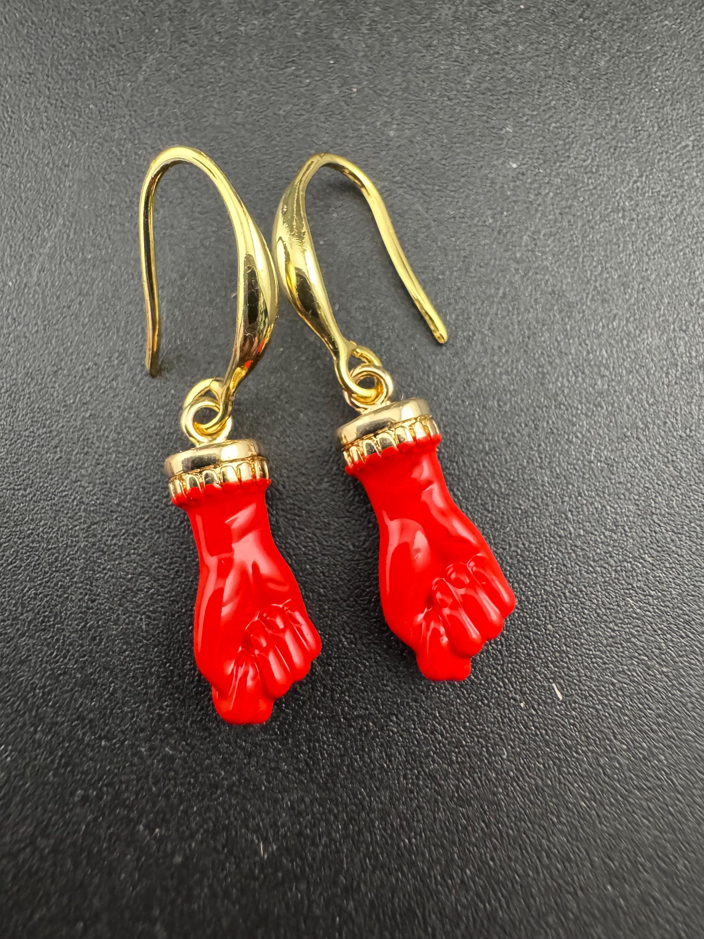 18k gold plated red, black, pink and coral enamel figa hand fist dangly drop earrings , GP earwires , Victorian style