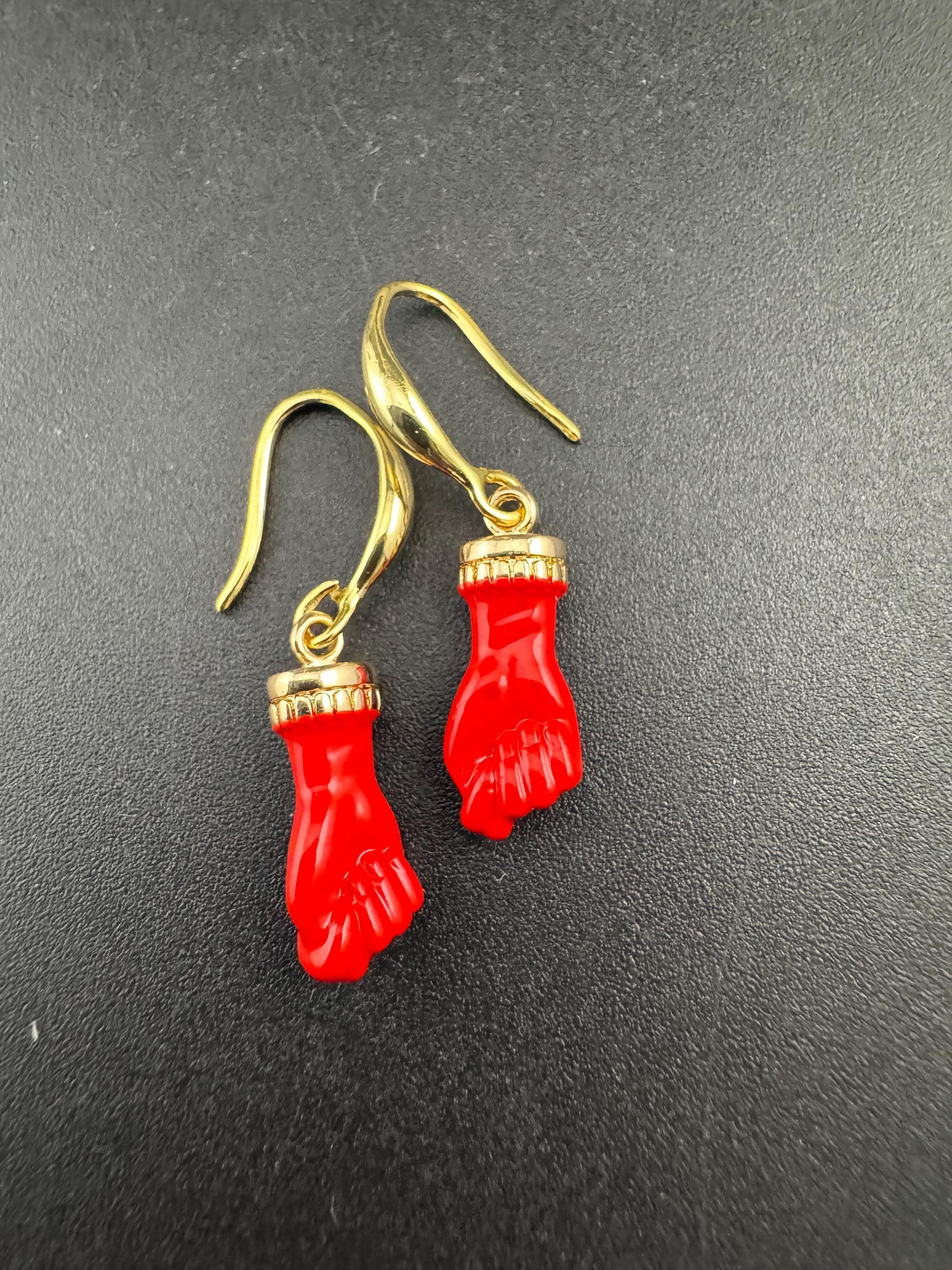 18k gold plated red, black, pink and coral enamel figa hand fist dangly drop earrings , GP earwires , Victorian style