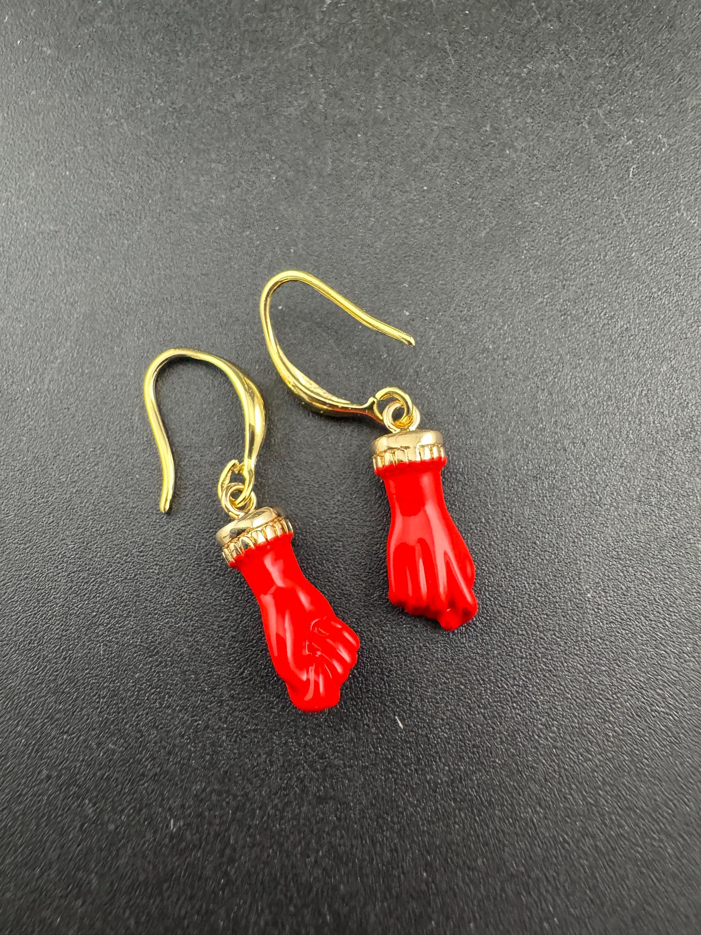 18k gold plated red, black, pink and coral enamel figa hand fist dangly drop earrings , GP earwires , Victorian style