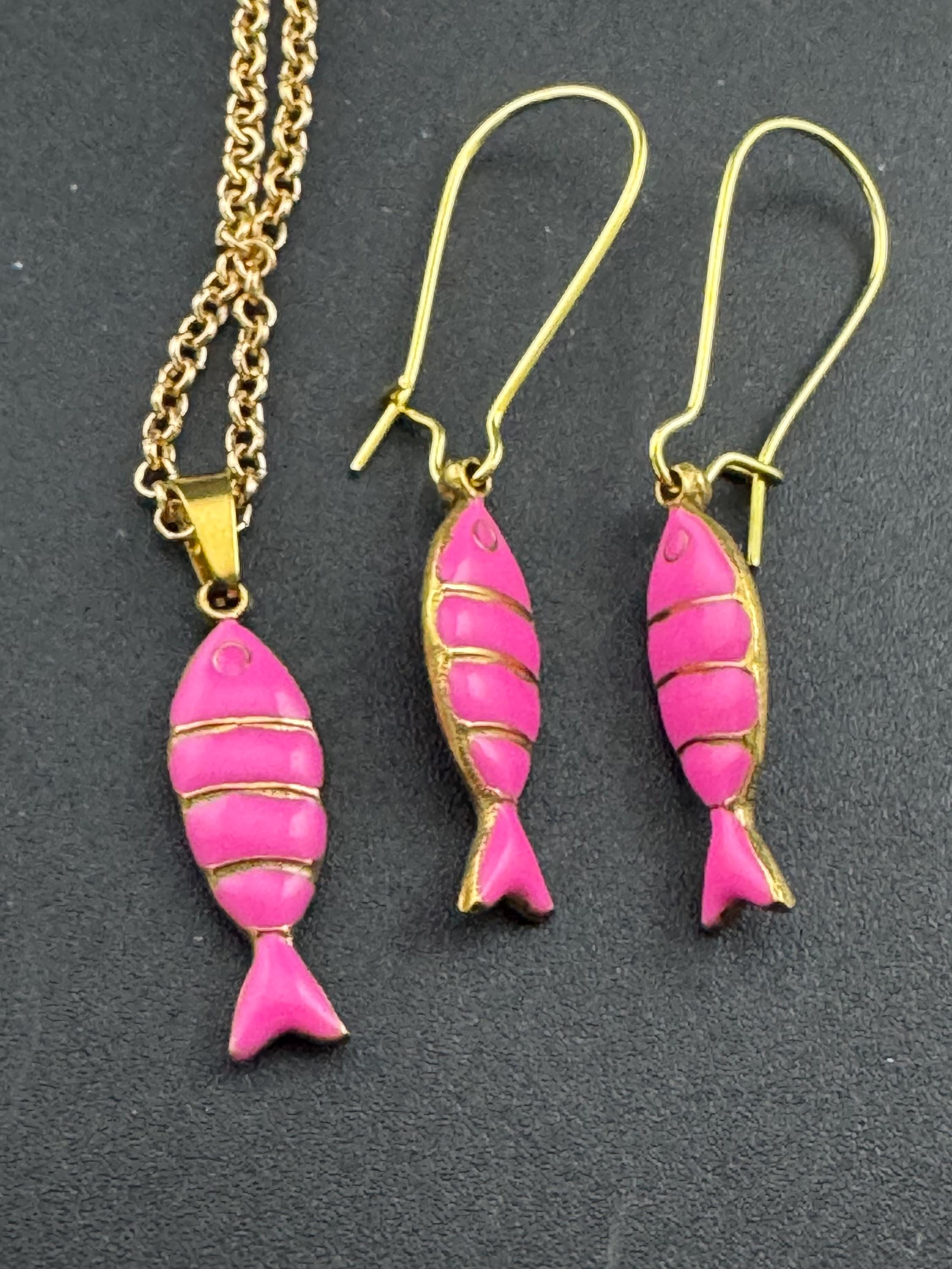 Pink Enamel Sardine Fish Earrings and Pendant: Gold Nautical Jewelry Set