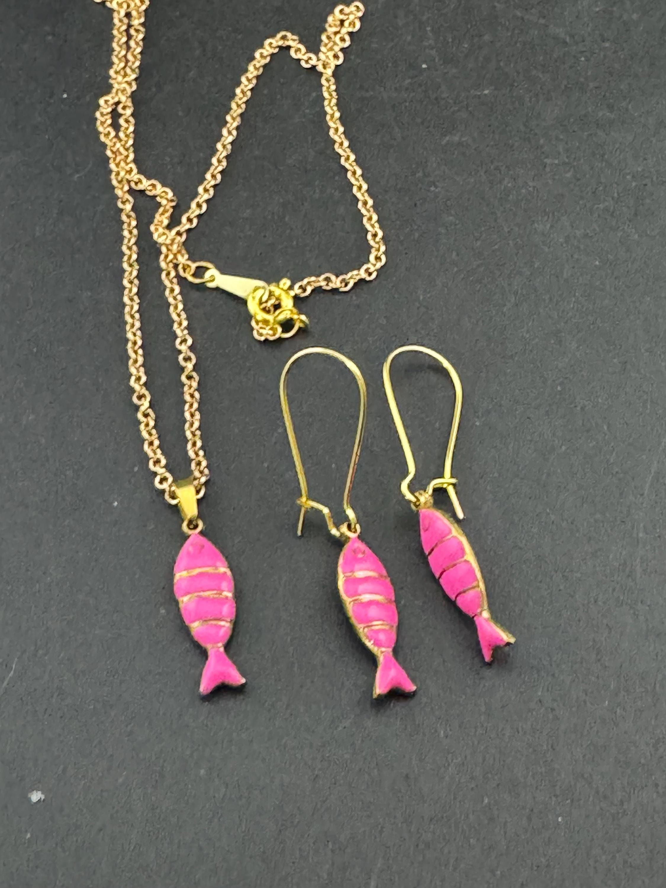 Pink Enamel Sardine Fish Earrings and Pendant: Gold Nautical Jewelry Set
