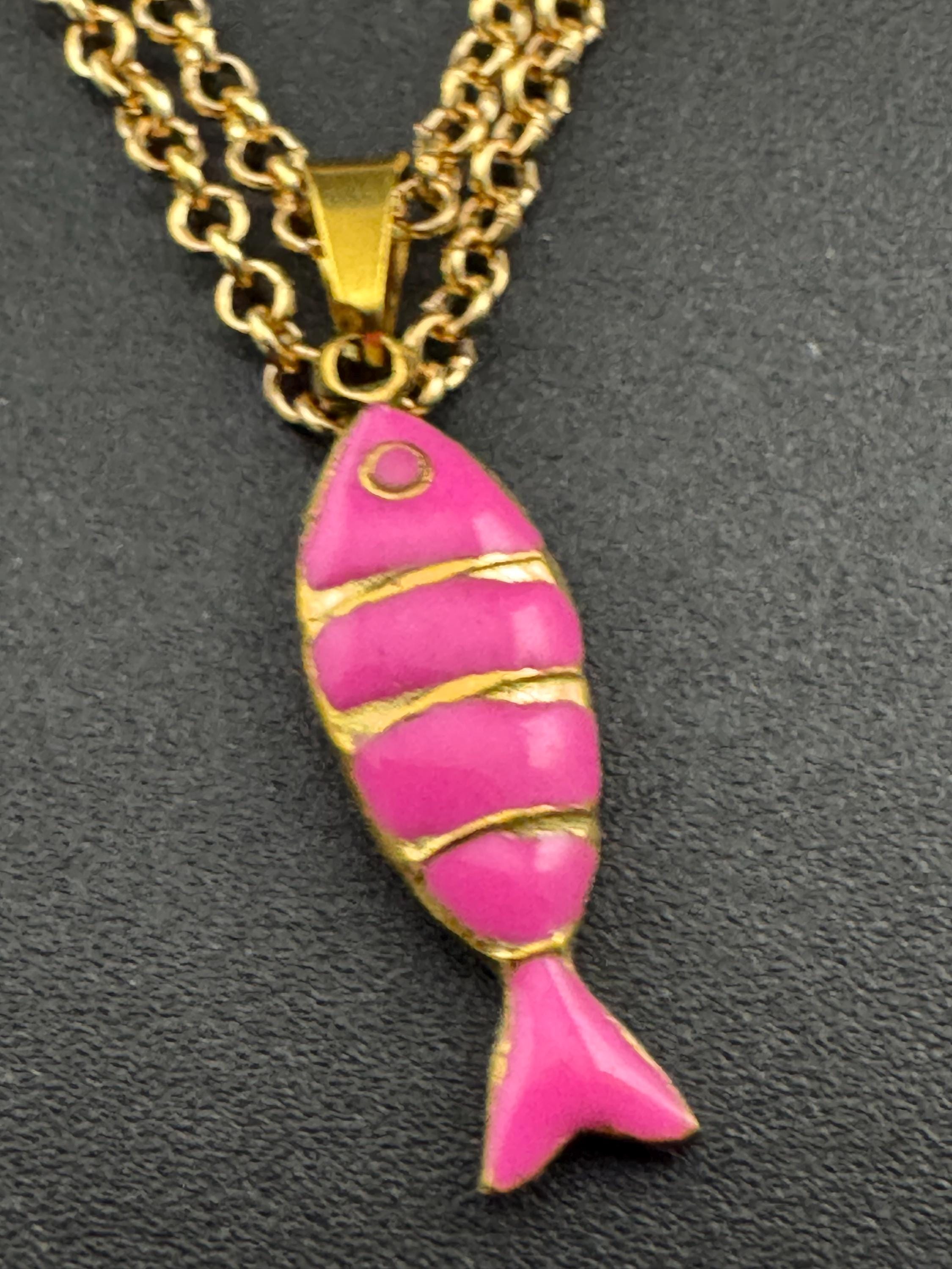 Pink Enamel Sardine Fish Earrings and Pendant: Gold Nautical Jewelry Set