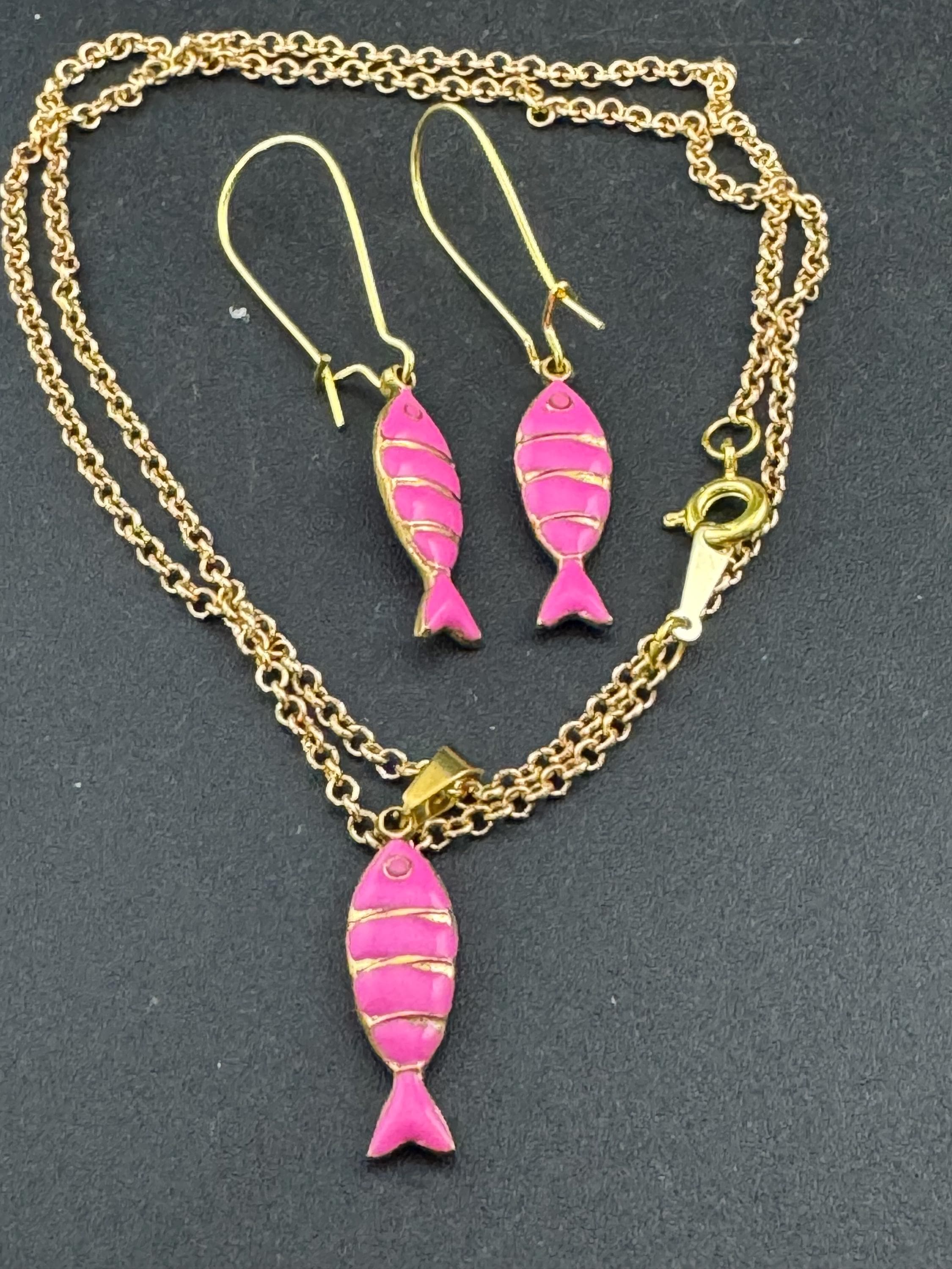 Pink Enamel Sardine Fish Earrings and Pendant: Gold Nautical Jewelry Set