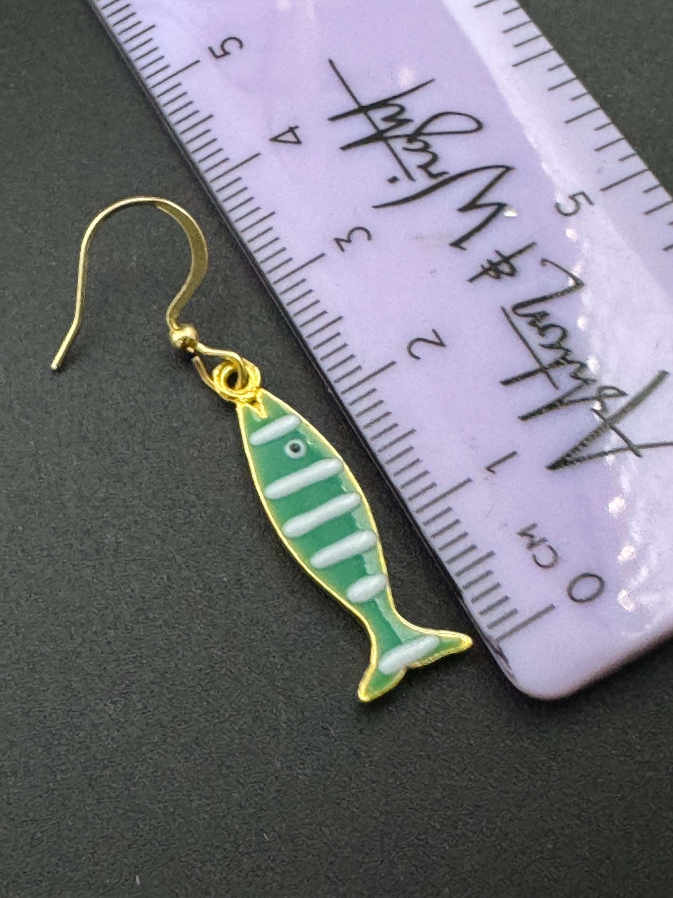 Enamel Sardine Fish Earrings & Pendant Set: Nautical Gold Chain Jewelry