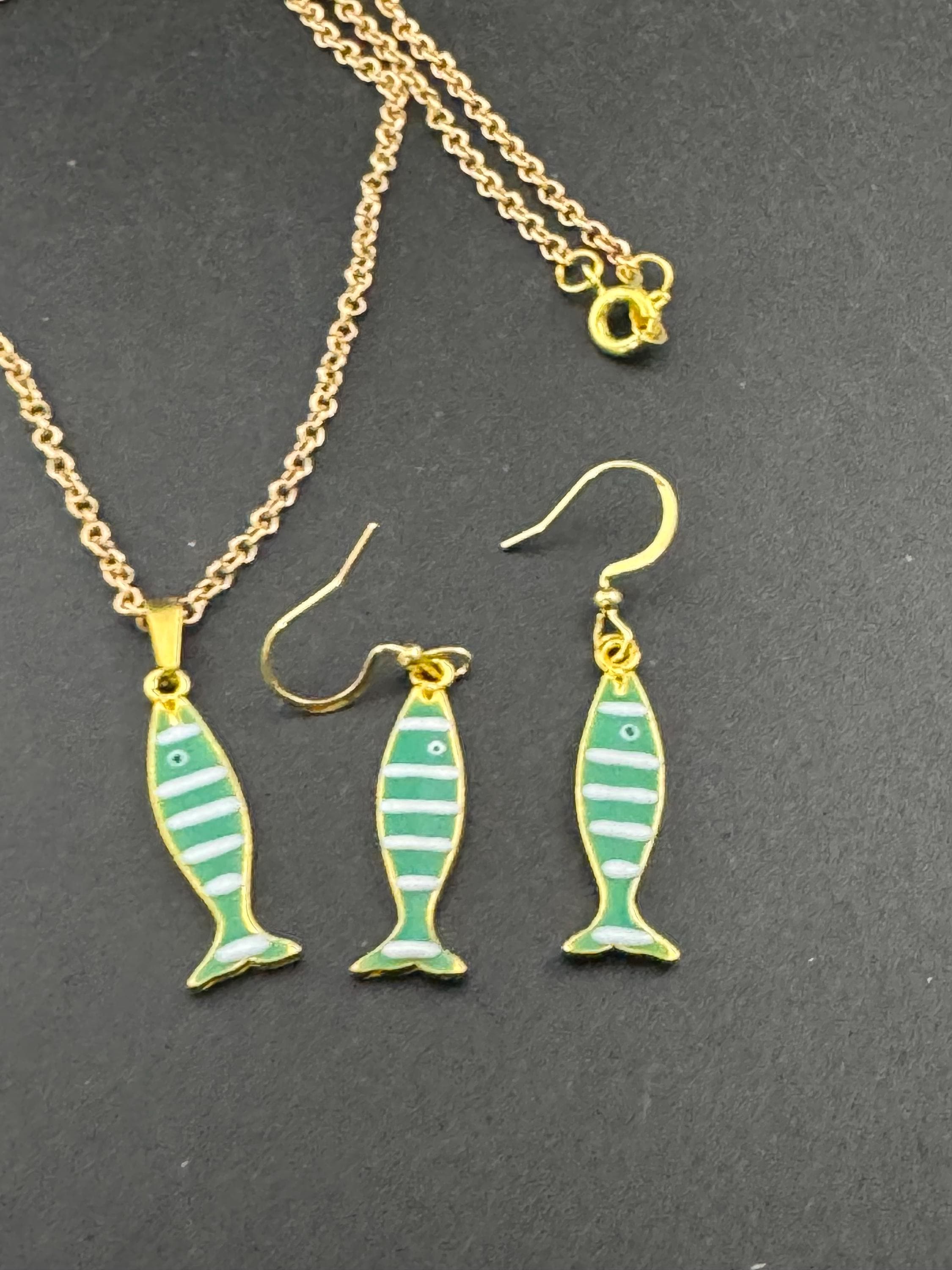 Enamel Sardine Fish Earrings & Pendant Set: Nautical Gold Chain Jewelry