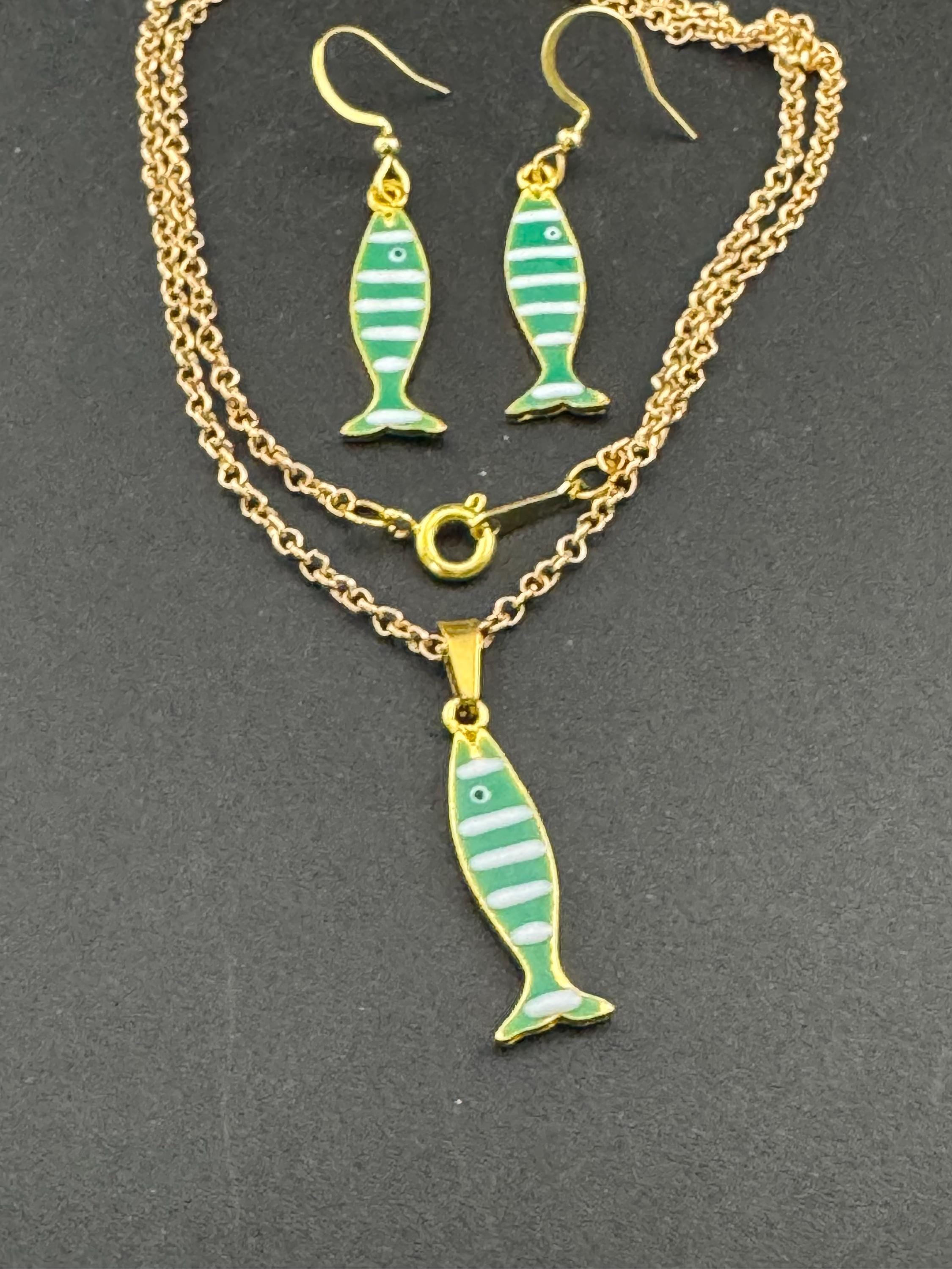 Enamel Sardine Fish Earrings & Pendant Set: Nautical Gold Chain Jewelry