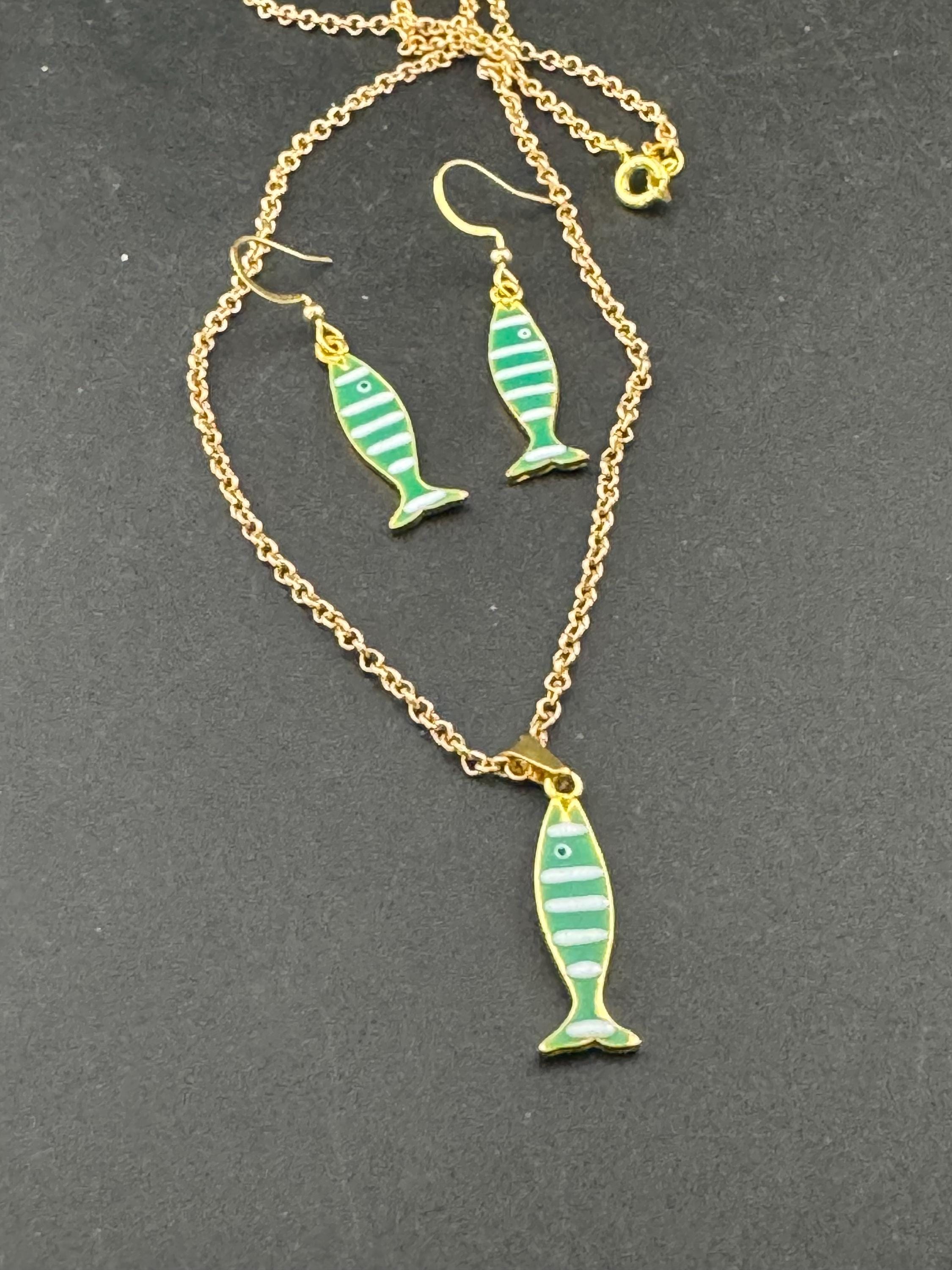 Enamel Sardine Fish Earrings & Pendant Set: Nautical Gold Chain Jewelry