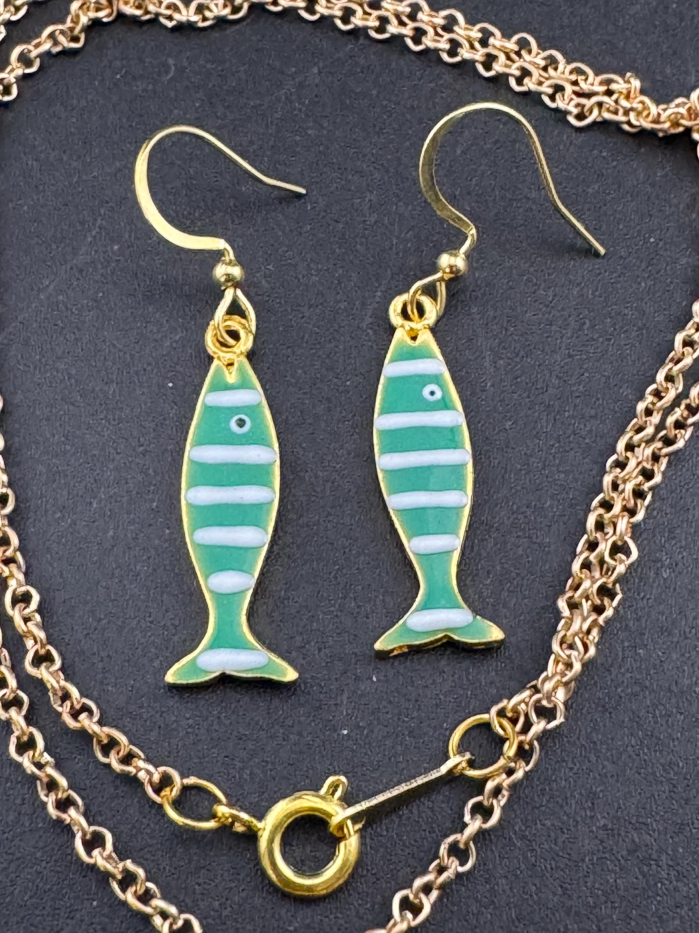 Enamel Sardine Fish Earrings & Pendant Set: Nautical Gold Chain Jewelry
