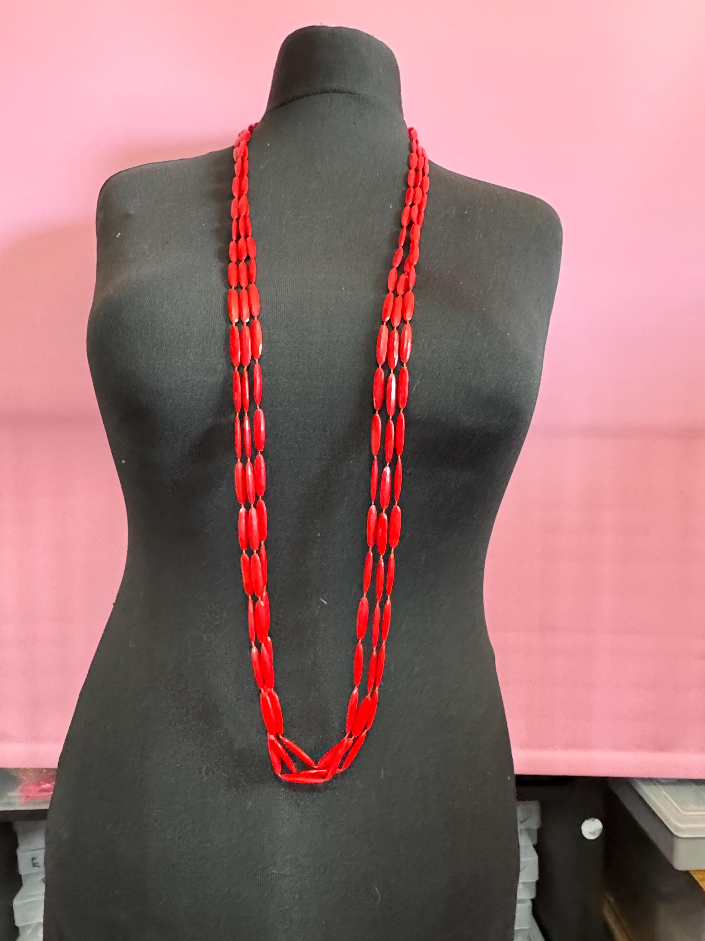 Vintage 125cm bright red plastic flapper length Multistrand beaded long gatsby flapper necklace beads