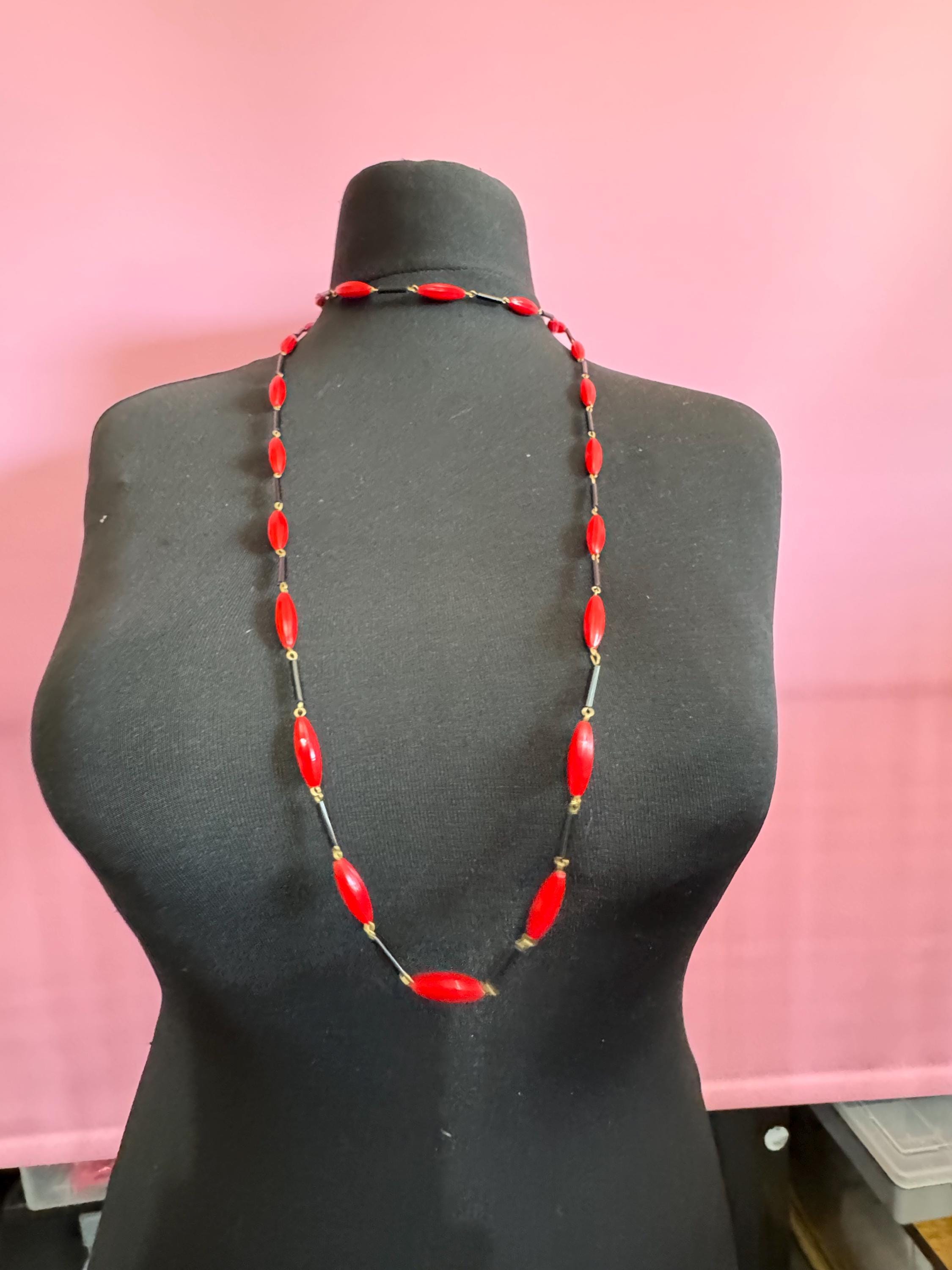 Vintage 135cm black and red plastic flapper length beaded long gatsby flapper necklace beads