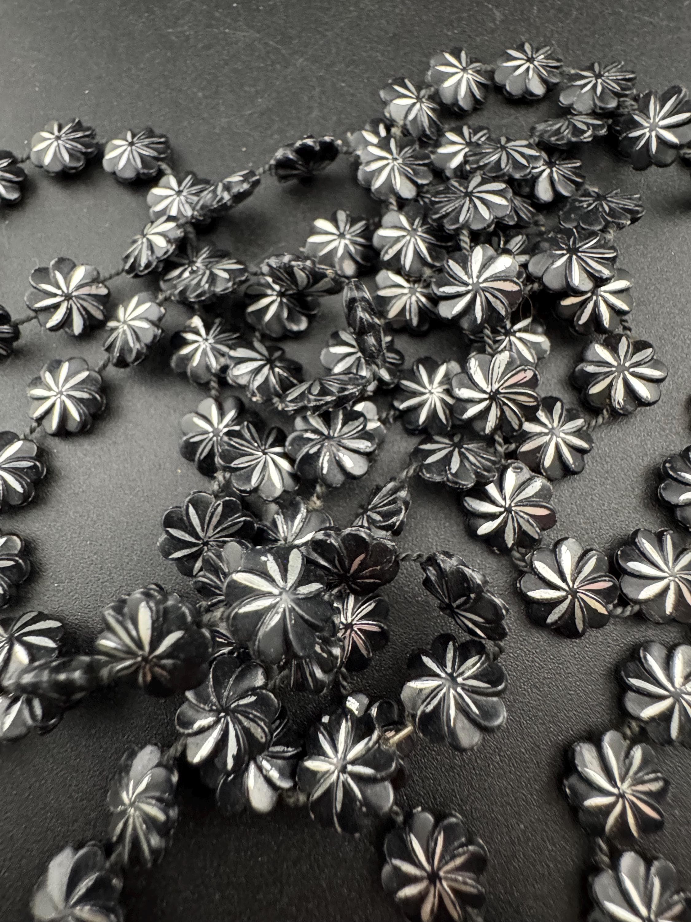 Vintage early plastic black and silver fixed beaded flapper wrap necklace 120cm